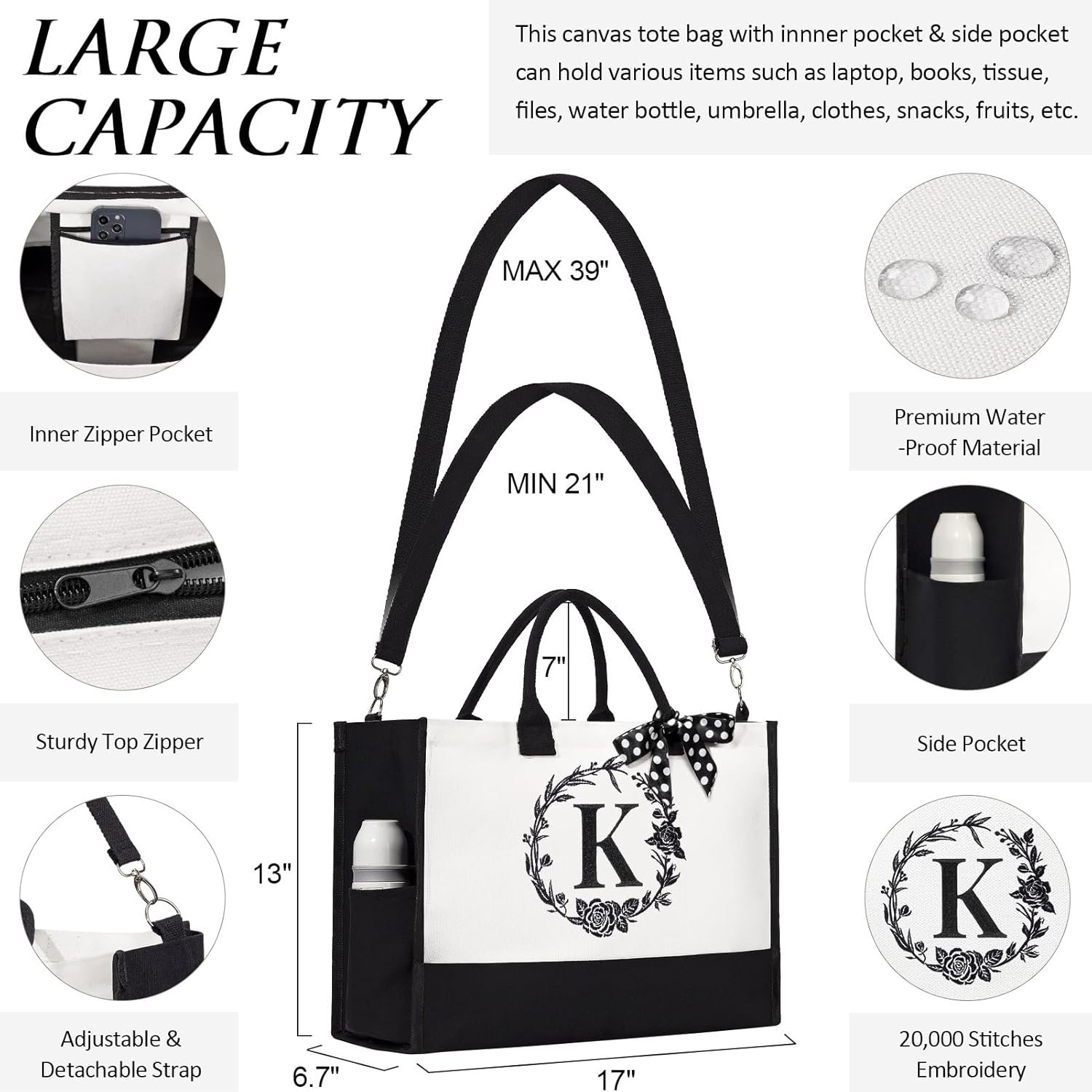 Fornitore Borse Tote Canvas con Iniziali e Borsa Trucco Monogrammata con Cerniera Spiaggia per Donna Regali Pasqua Festa della Mamma Compleanno per Mamme Sorelle Migliori Amiche Insegnanti con Logo Personalizzato Marchio Bianco