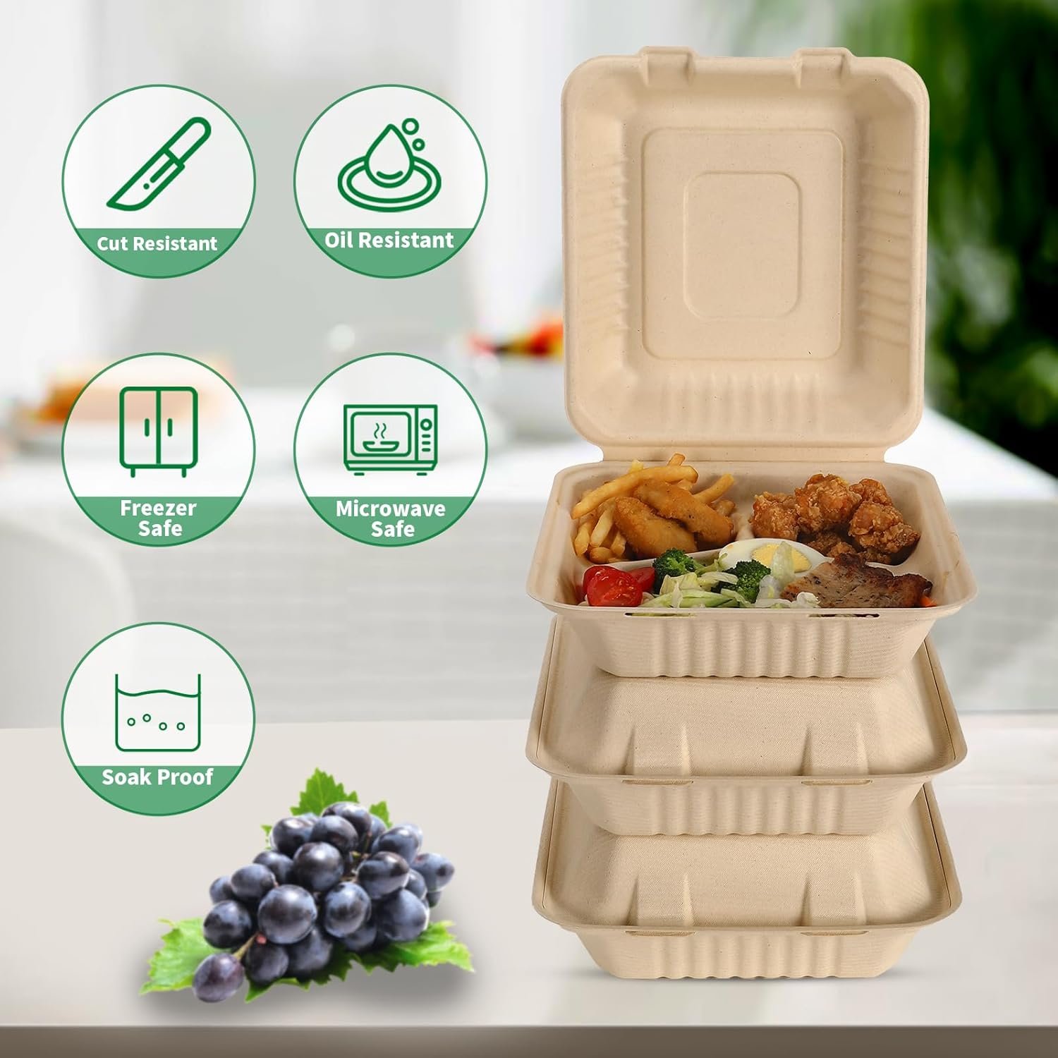 Fornitore Confezione da 100 Contenitori Pranzo da Asporto 3 Scomparti Compostabili 8x9 Pollici con Coperchio Clamshell con Logo Personalizzato Monouso Biodegradabili in Bagassa Senza PFAS Marroni Marchio Bianco