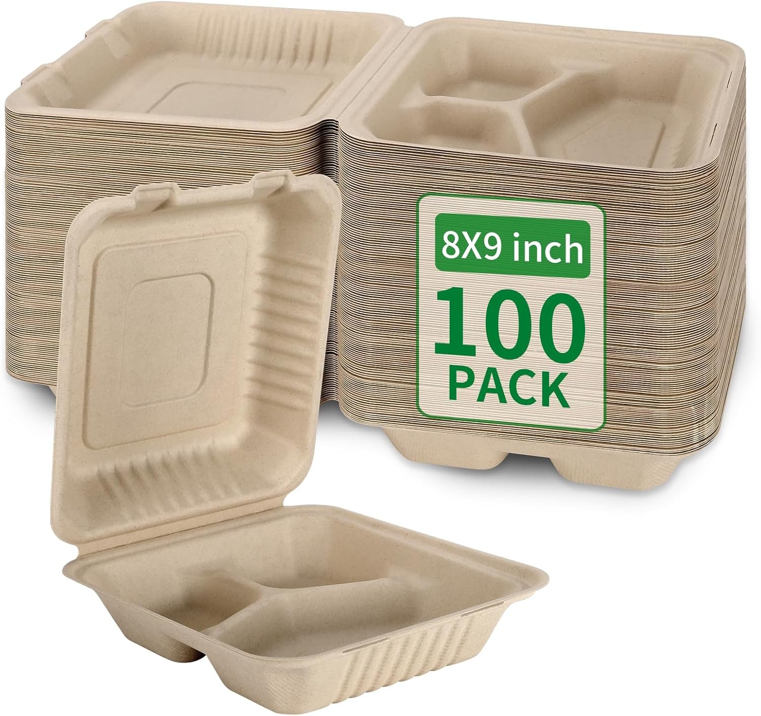 Fornitore Confezione da 100 Contenitori Pranzo da Asporto 3 Scomparti Compostabili 8x9 Pollici con Coperchio Clamshell con Logo Personalizzato Monouso Biodegradabili in Bagassa Senza PFAS Marroni Marchio Bianco