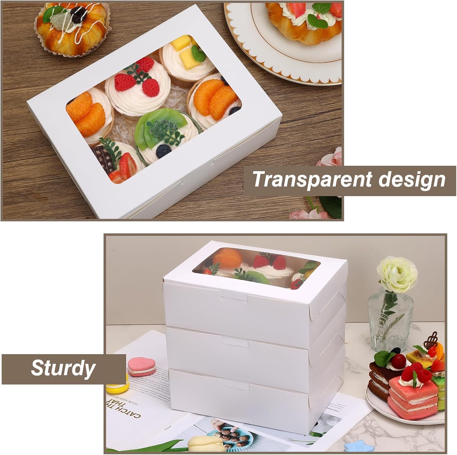 Produttore di Scatole per Pasticceria con Finestra 12 Pz 8x6x2.5 Pollici Logo Personalizzato per Biscotti Fragole al Cioccolato Ciambelle Cupcakes Muffins e Dessert Marchio Bianco