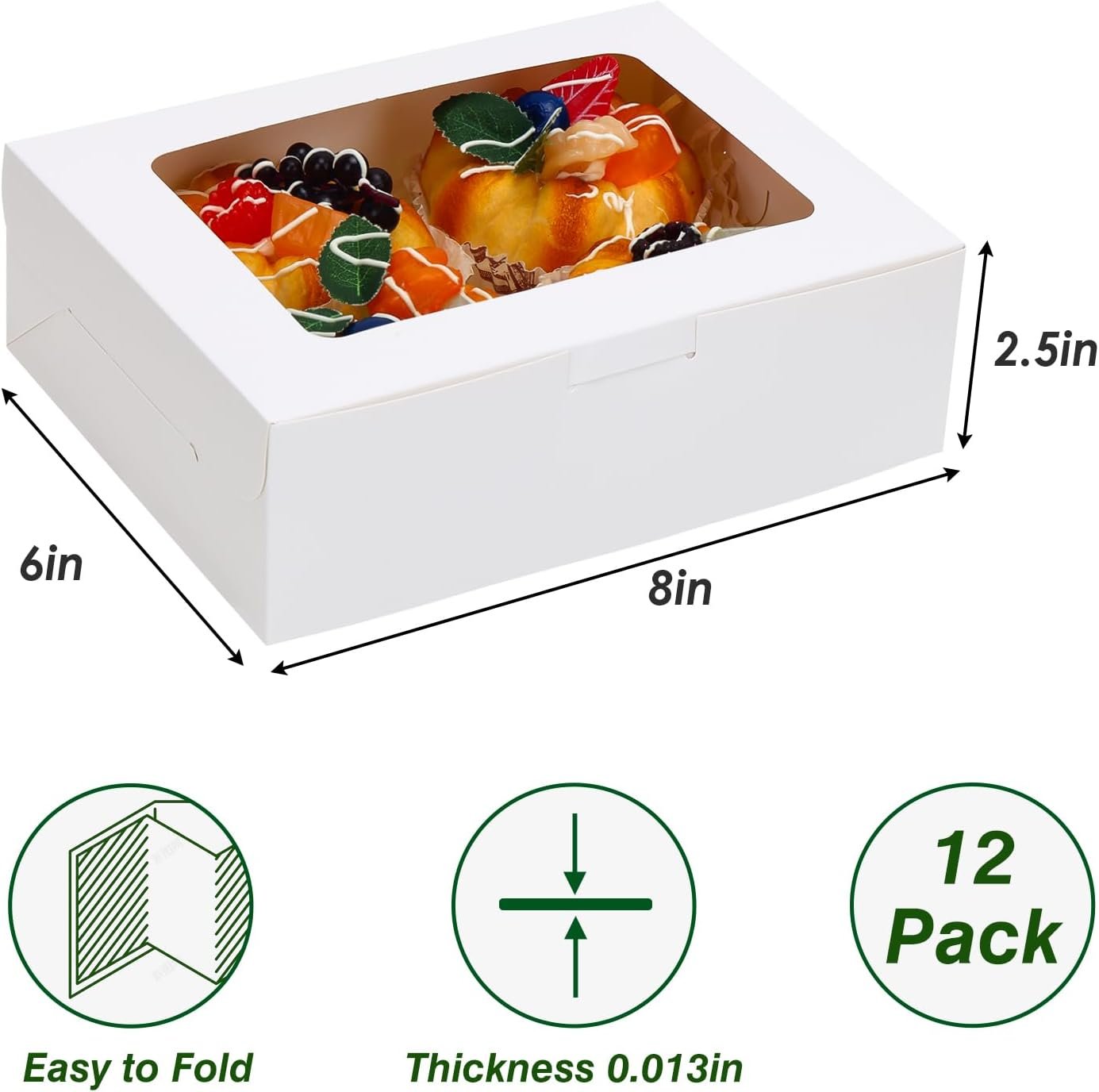 Produttore di Scatole per Pasticceria con Finestra 12 Pz 8x6x2.5 Pollici Logo Personalizzato per Biscotti Fragole al Cioccolato Ciambelle Cupcakes Muffins e Dessert Marchio Bianco
