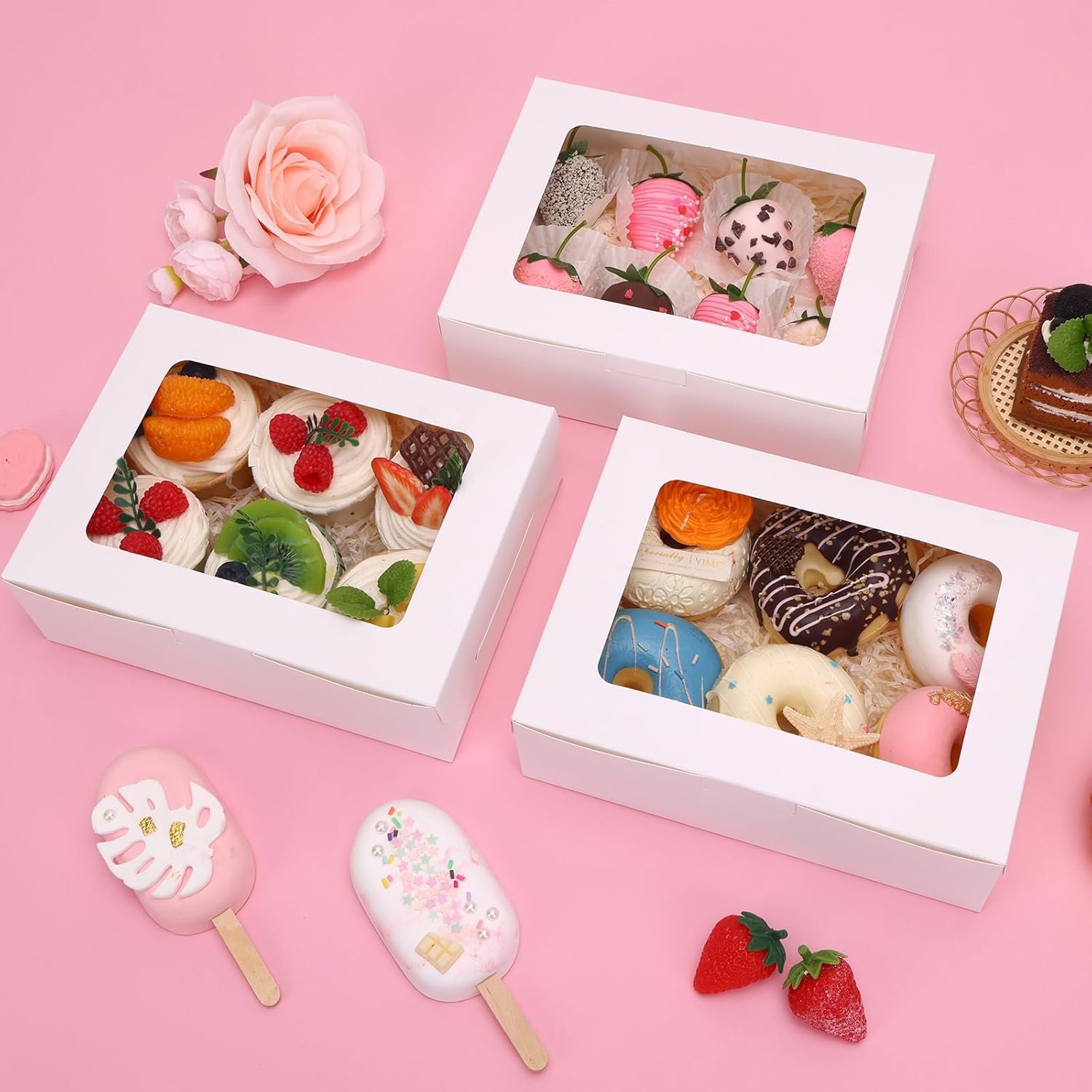 Produttore di Scatole per Pasticceria con Finestra 12 Pz 8x6x2.5 Pollici Logo Personalizzato per Biscotti Fragole al Cioccolato Ciambelle Cupcakes Muffins e Dessert Marchio Bianco