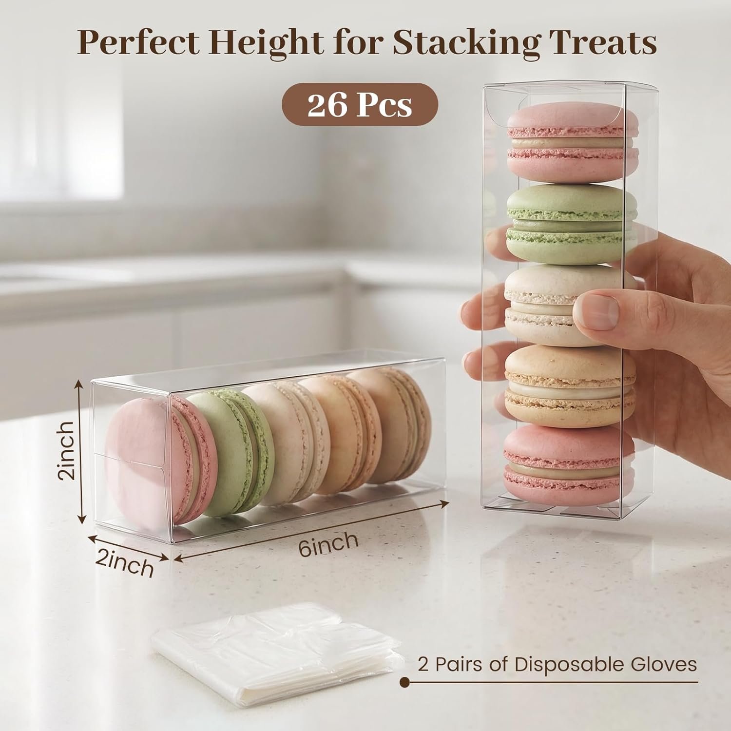 Marchio Bianco 26 Pezzi Scatole Trasparenti Macaron 2x2x6 Pollici dal Fornitore Contenitori Plastica Alti con Guanti per Cake Pops Fragole Bomboniere Matrimonio Festa Logo Personalizzato