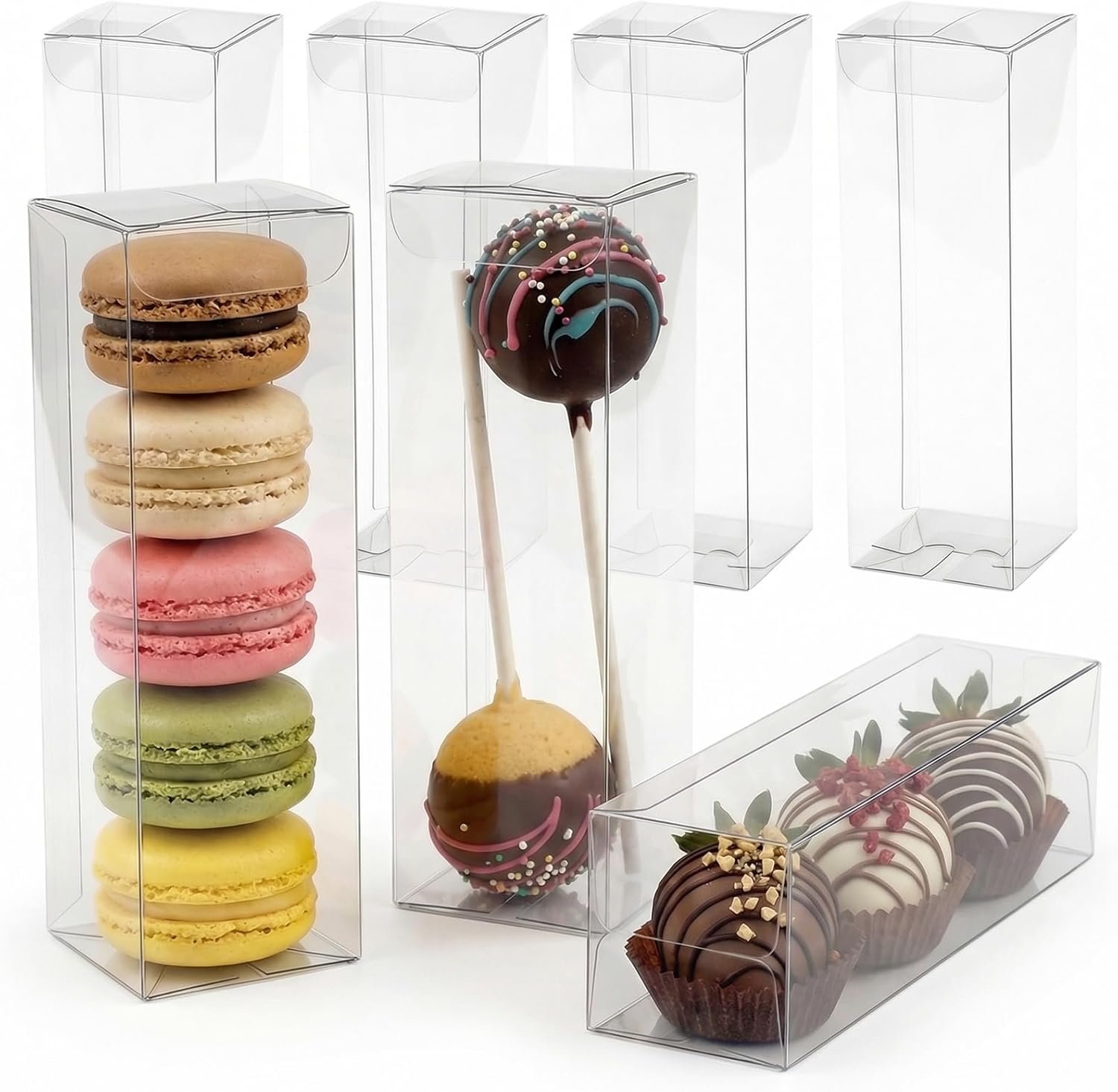 Marchio Bianco 26 Pezzi Scatole Trasparenti Macaron 2x2x6 Pollici dal Fornitore Contenitori Plastica Alti con Guanti per Cake Pops Fragole Bomboniere Matrimonio Festa Logo Personalizzato