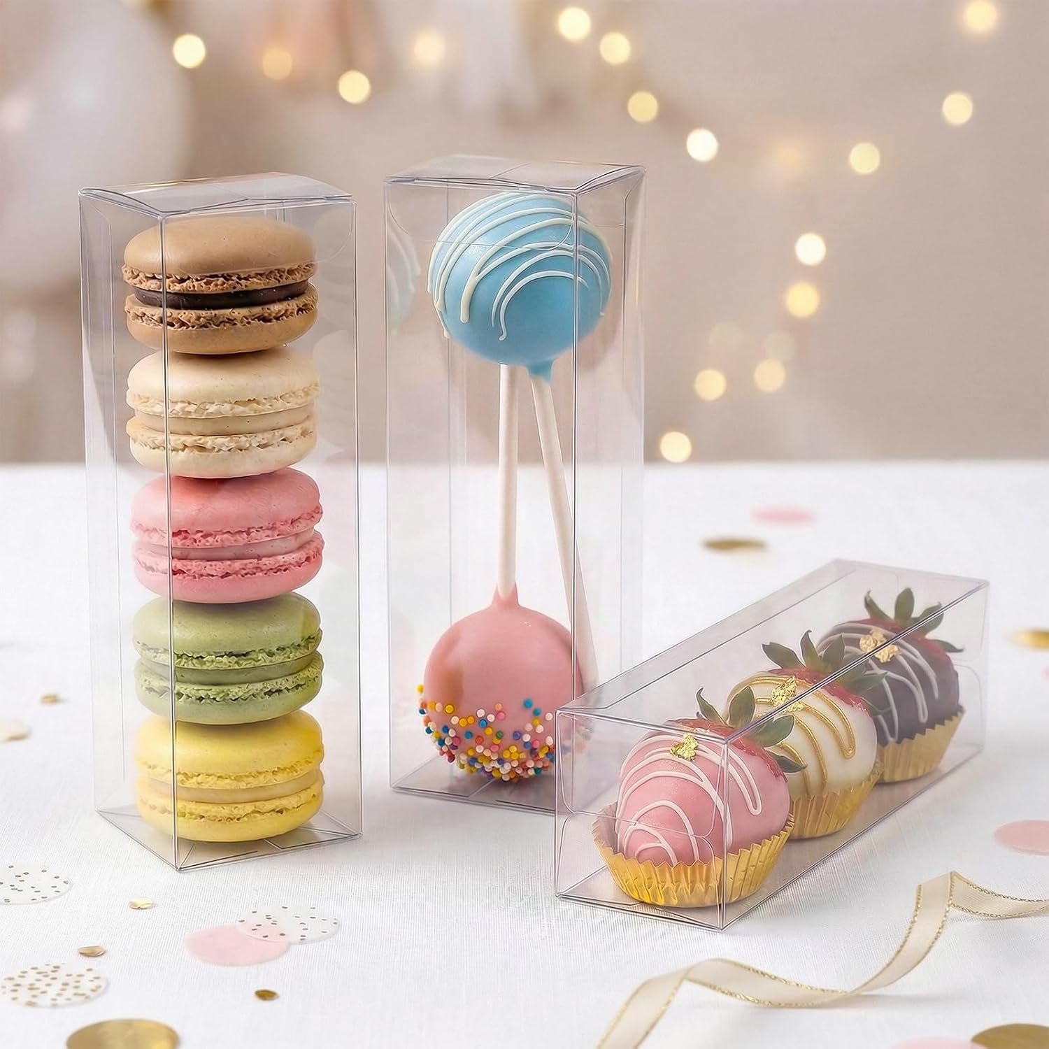 Marchio Bianco 26 Pezzi Scatole Trasparenti Macaron 2x2x6 Pollici dal Fornitore Contenitori Plastica Alti con Guanti per Cake Pops Fragole Bomboniere Matrimonio Festa Logo Personalizzato