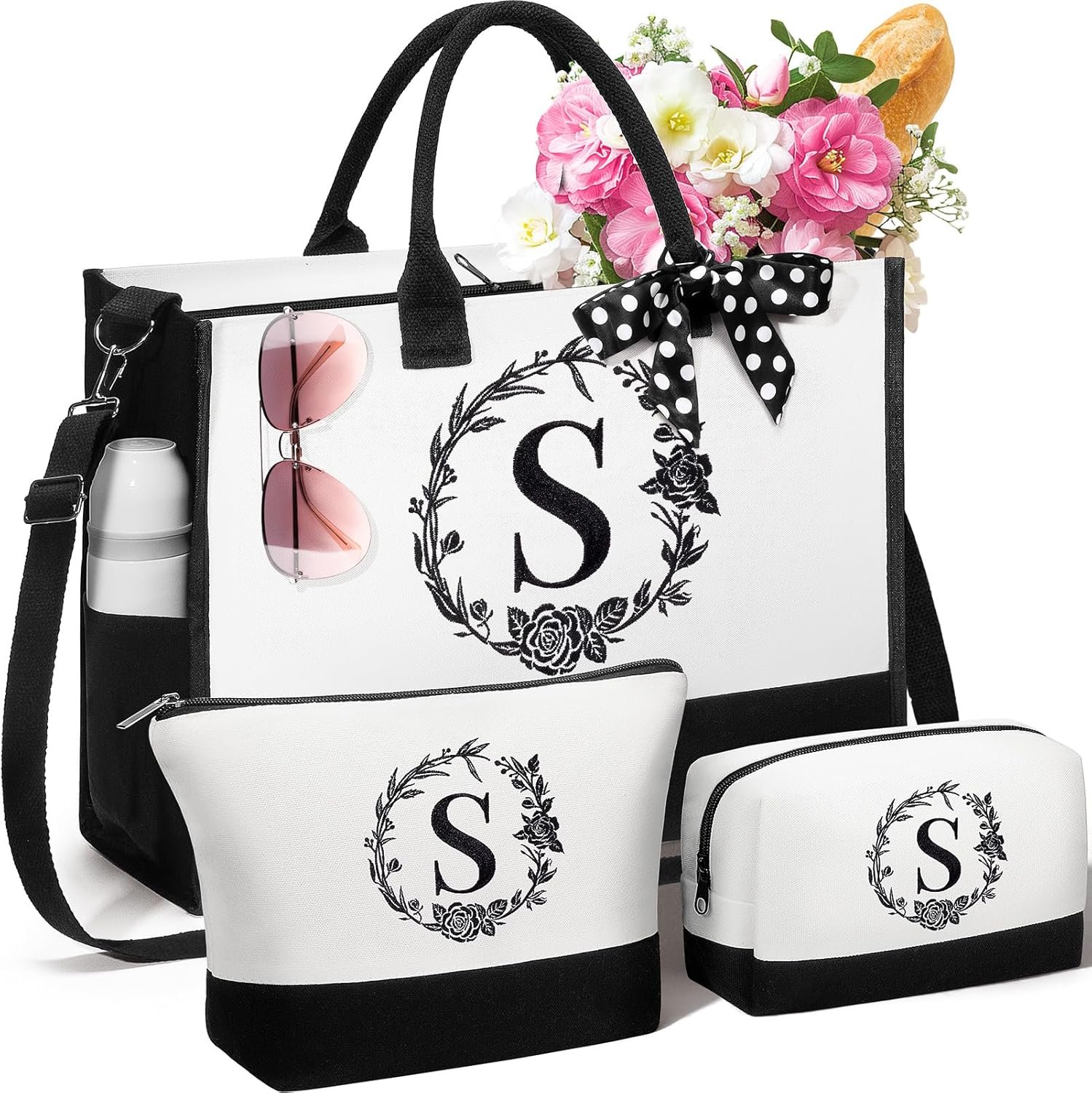 Logo Personalizzato Borse Tote in Tela con Iniziali per Donne dal Produttore Borse Trucco Monogrammate con Cerniera Spiaggia Marchio Bianco Regali Pasqua Festa della Mamma Compleanno Mamma Sorella Amica Insegnante