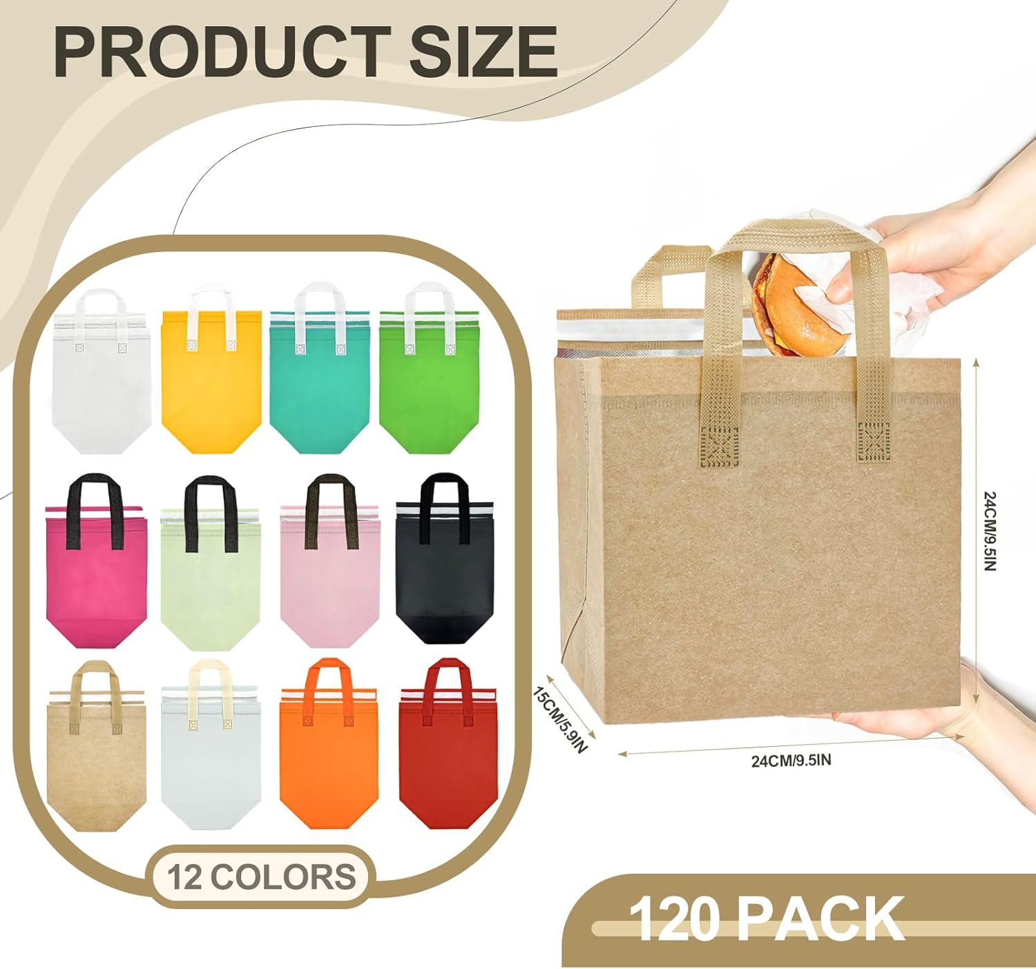 Marchio Bianco 120 Pezzi Borse Termiche Isolate per Asporto Delivery Isolamento Termico Cibi Caldi Freddi Pizza Caffè Tè al Latte Cooler Bag Catering Ristoranti Picnic con Logo Personalizzato 24x24x15 cm (9.5x9.5x6 in) dalla Fabbrica