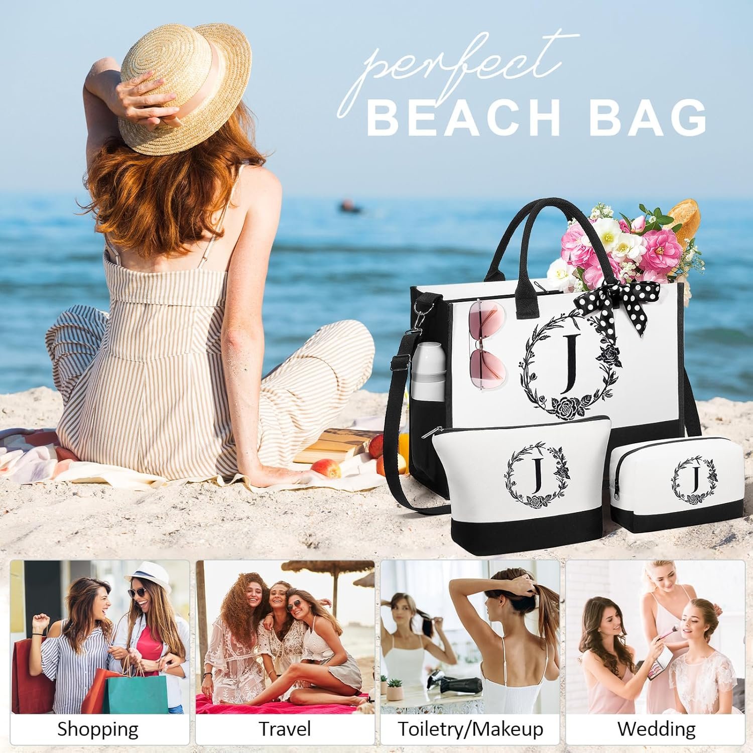 Produttore Borse Tote Canvas con Iniziali Personalizzate e Borsa Trucco Monogrammata con Cerniera Spiaggia Donne Marchio Bianco Regali Natale e Compleanno per Mamma Sorella Amica Fidanzata Moglie Figlia Insegnante con Logo Personalizzato