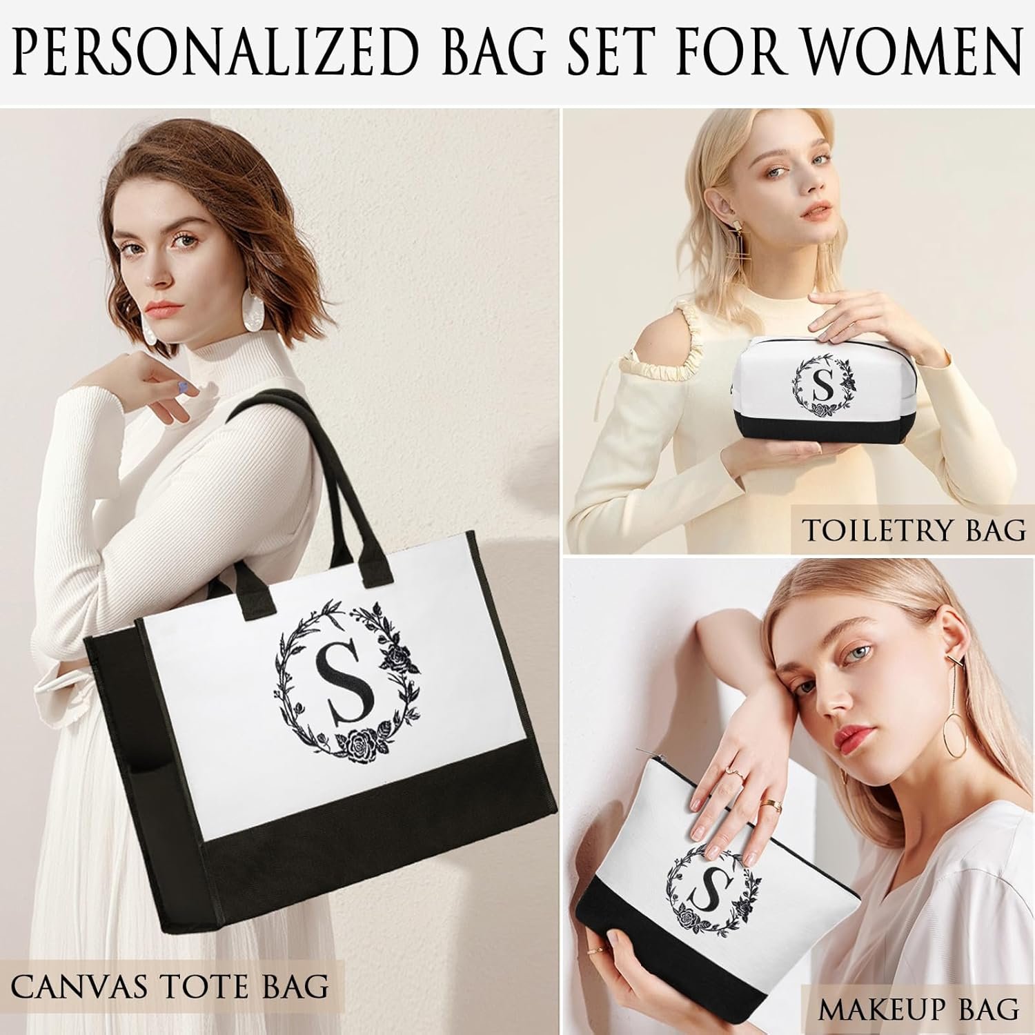 Produttore Borse Tote Canvas con Iniziali Personalizzate e Borsa Trucco Monogrammata con Cerniera Spiaggia Donne Marchio Bianco Regali Natale e Compleanno per Mamma Sorella Amica Fidanzata Moglie Figlia Insegnante con Logo Personalizzato