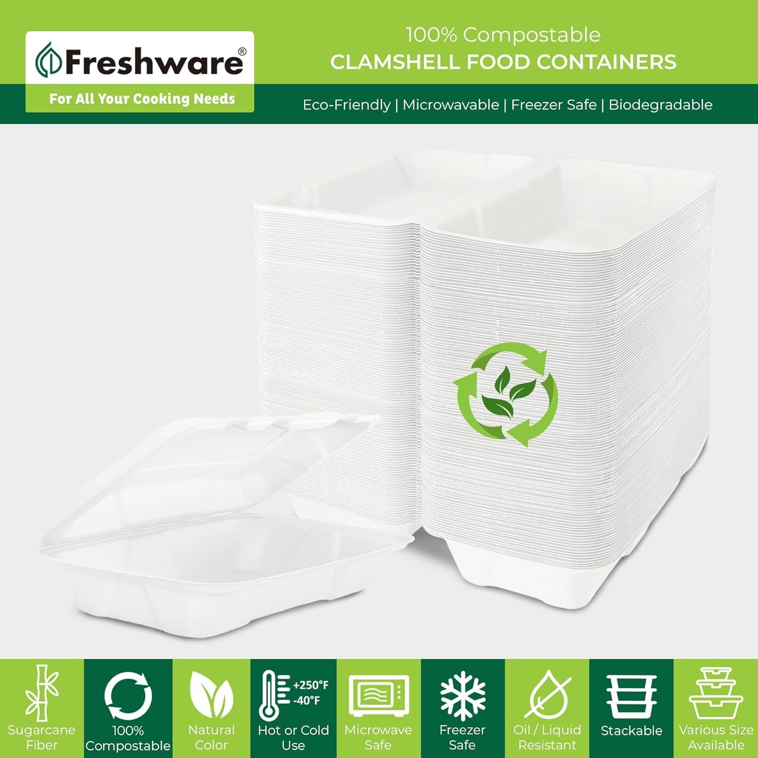 Logo Personalizzato Contenitori a Conchiglia con Coperchi [9x6 50-Pack] monouso biodegradabili in canna da zucchero per asporto in carta Marchio Bianco adatti microonde congelatore impilabili Fornitore