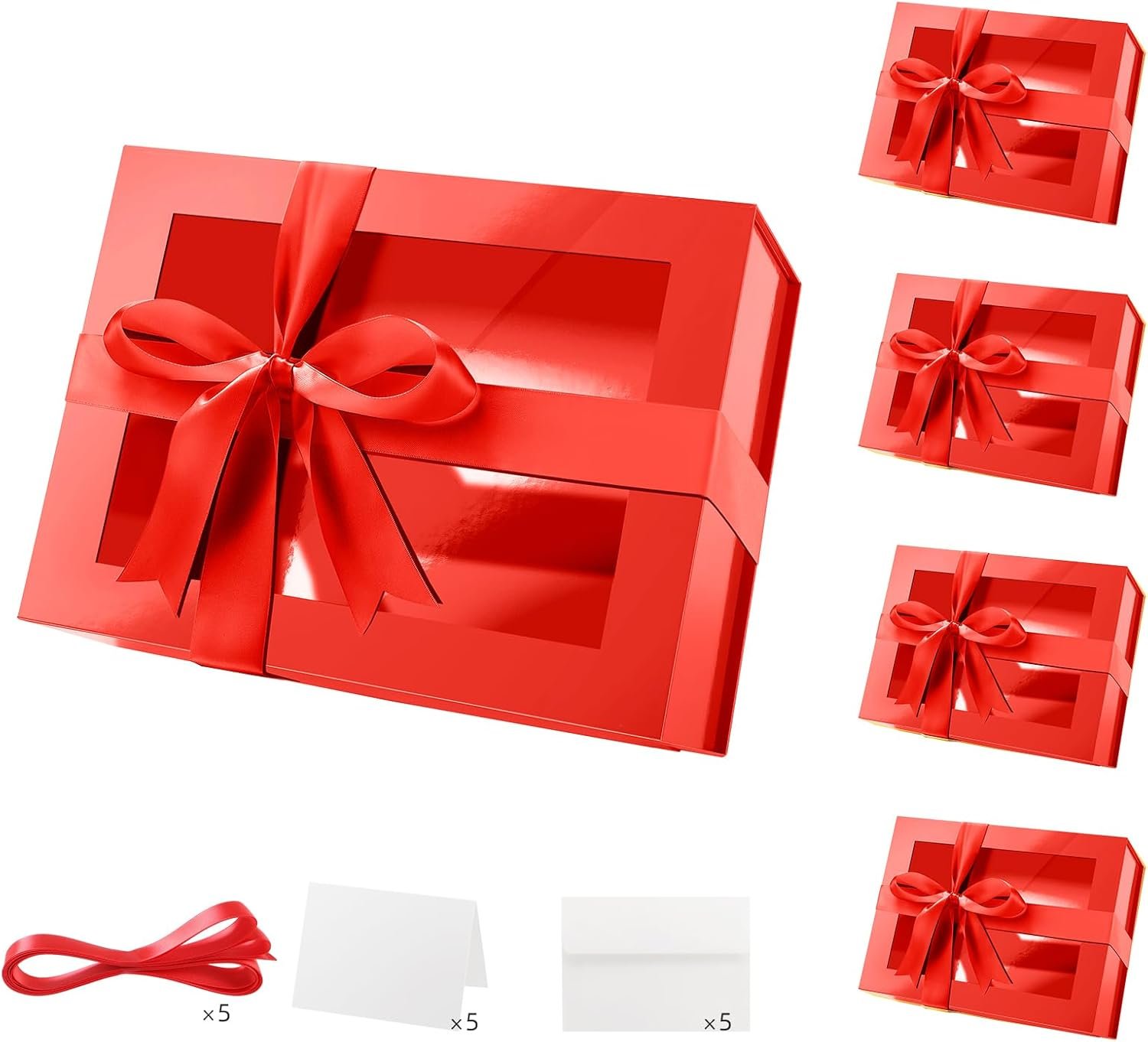 Fabbrica Scatole Regalo Rosse con Logo Personalizzato 5 Pezzi Finestra Trasparente 9x6,5x3,8 Pollici Coperchio Magnetico Lucido per Proposte Damigelle Natale Nastri Biglietti Marchio Bianco