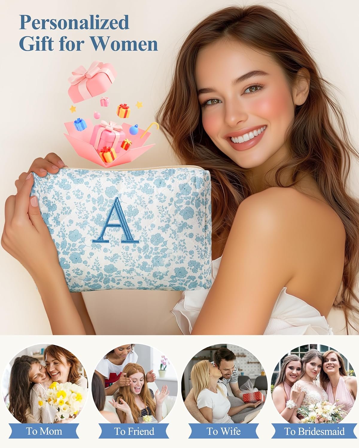 Logo Personalizzato Borsa Trucco Trapuntata Iniziale in Cotone Grande da Viaggio Floreale Coquette Marchio Bianco Borsa Cosmetici Pochette Toilette per Donne Ragazze Taglia S Produttore