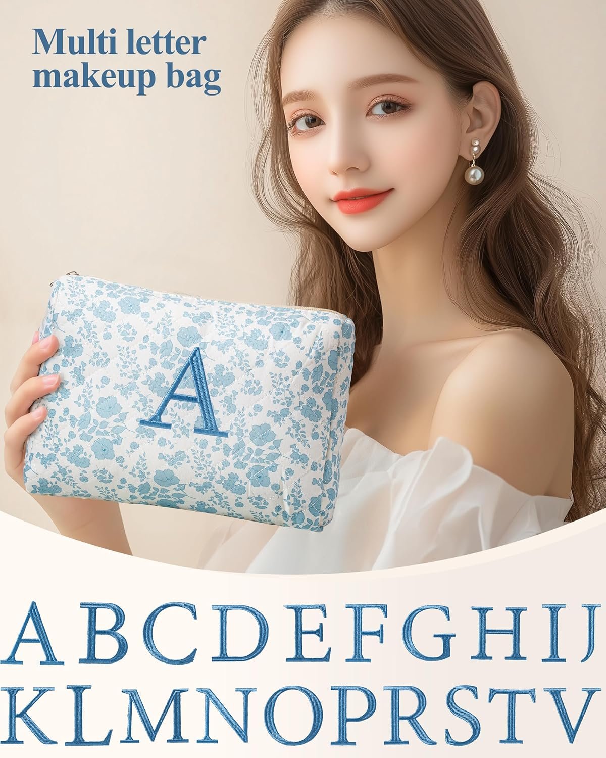 Logo Personalizzato Borsa Trucco Trapuntata Iniziale in Cotone Grande da Viaggio Floreale Coquette Marchio Bianco Borsa Cosmetici Pochette Toilette per Donne Ragazze Taglia S Produttore