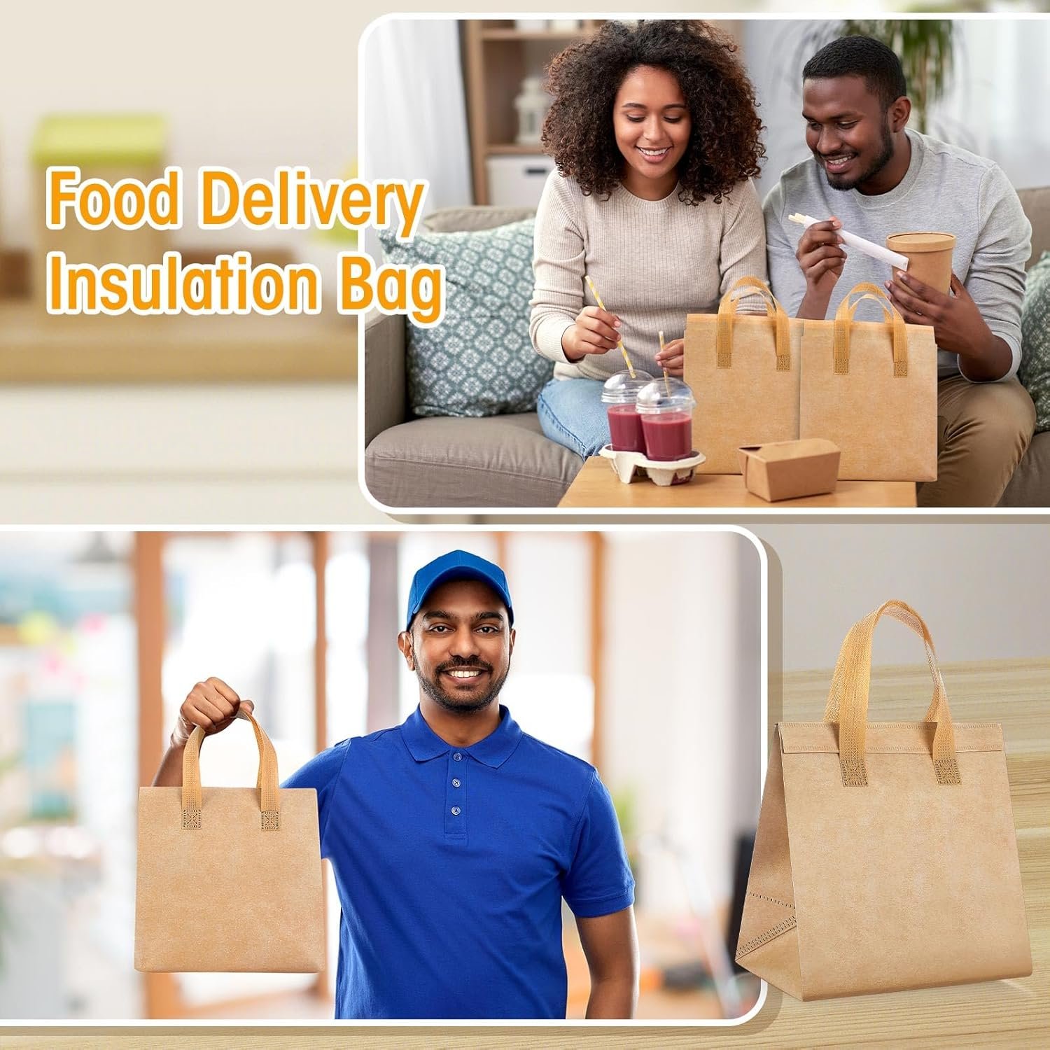 Produttore Borse Termiche Isolate da Asporto 50 Pz con Logo Personalizzato Isolamento Termico per Caffè Tè al Latte Pizza Cibi Caldi Freddi Consegne Catering Ristoranti Picnic 24 x 24 x 15 cm Marchio Bianco Colore Beige