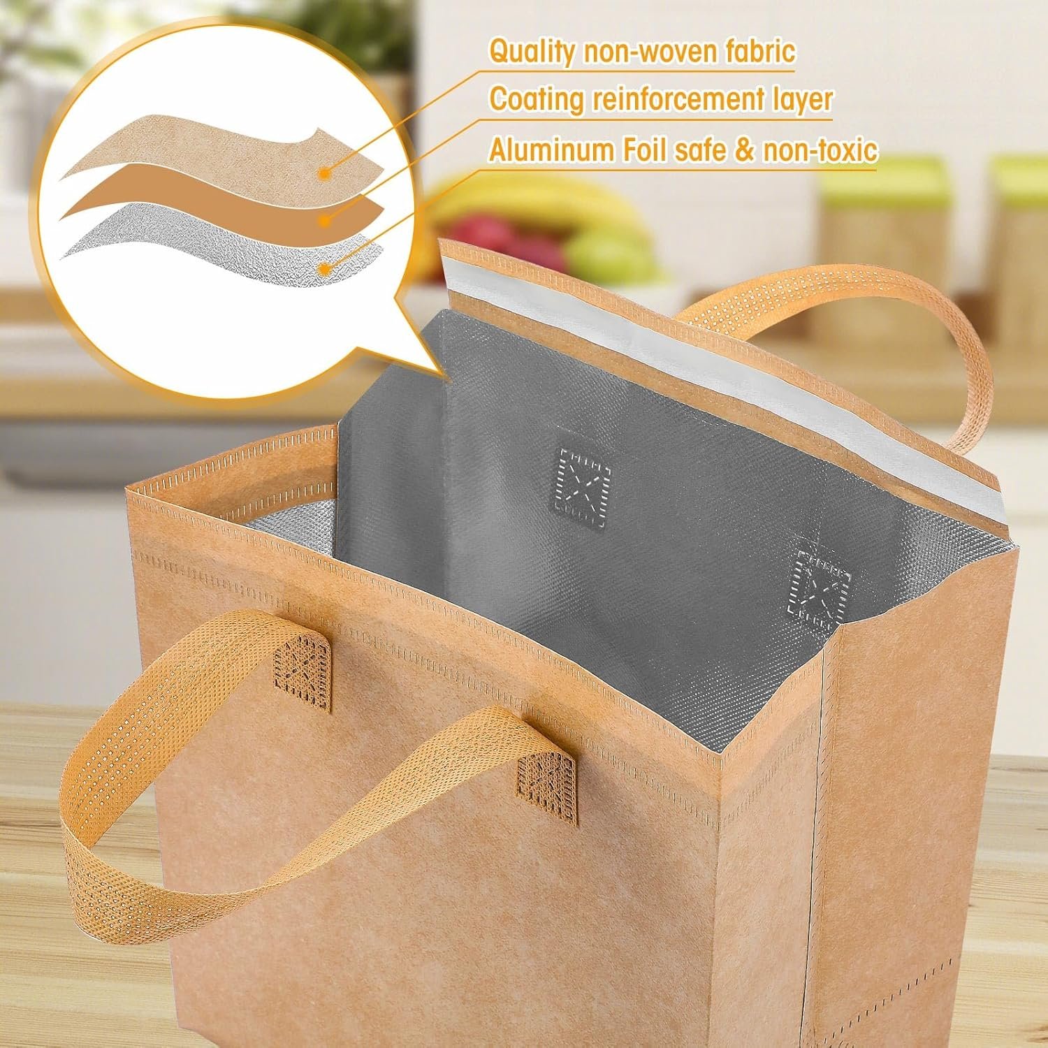 Produttore Borse Termiche Isolate da Asporto 50 Pz con Logo Personalizzato Isolamento Termico per Caffè Tè al Latte Pizza Cibi Caldi Freddi Consegne Catering Ristoranti Picnic 24 x 24 x 15 cm Marchio Bianco Colore Beige