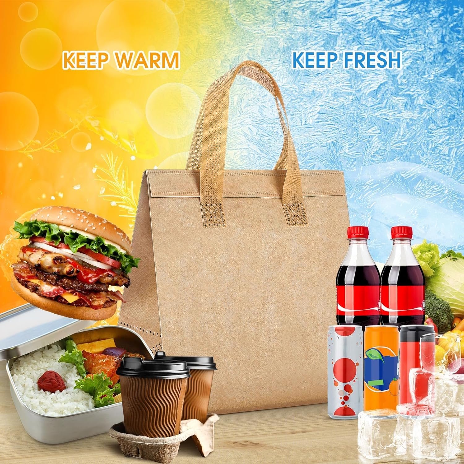 Produttore Borse Termiche Isolate da Asporto 50 Pz con Logo Personalizzato Isolamento Termico per Caffè Tè al Latte Pizza Cibi Caldi Freddi Consegne Catering Ristoranti Picnic 24 x 24 x 15 cm Marchio Bianco Colore Beige