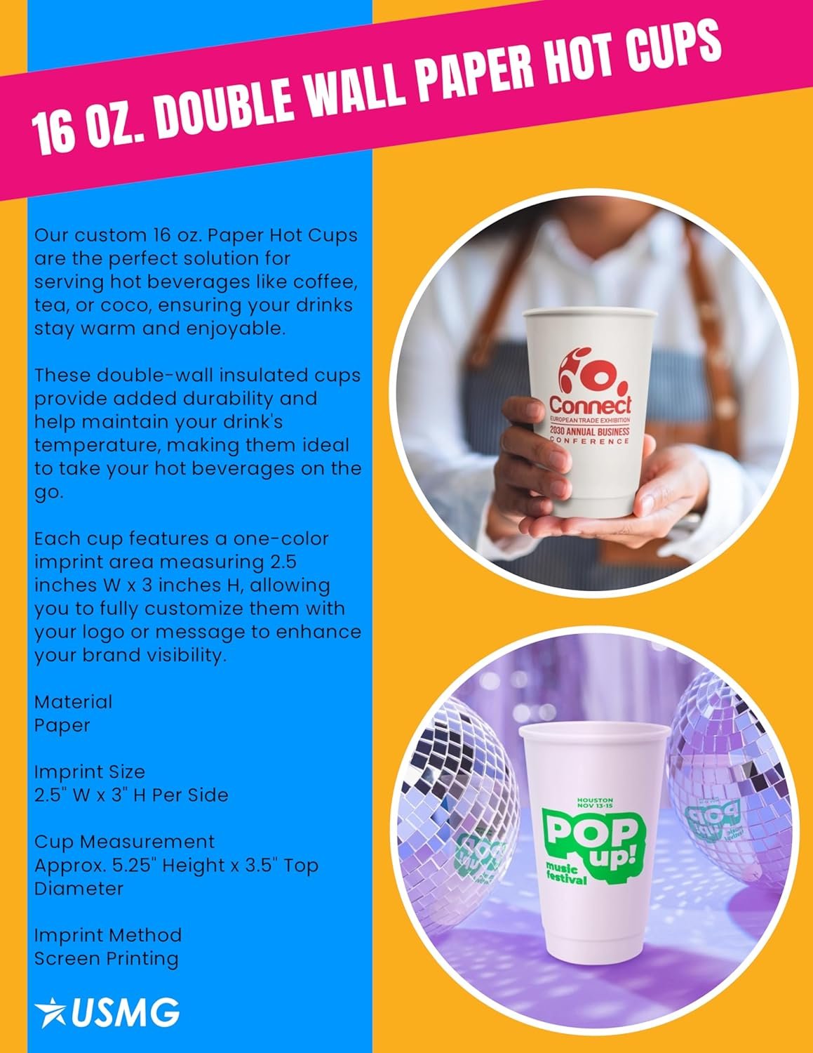 Marchio Bianco Tazze Carta Doppia Parete 16 Oz dal Fornitore con Logo Personalizzato per Caffè Bevande Calde Fredde Distributori Acqua Feste Promozione (QTY 100)