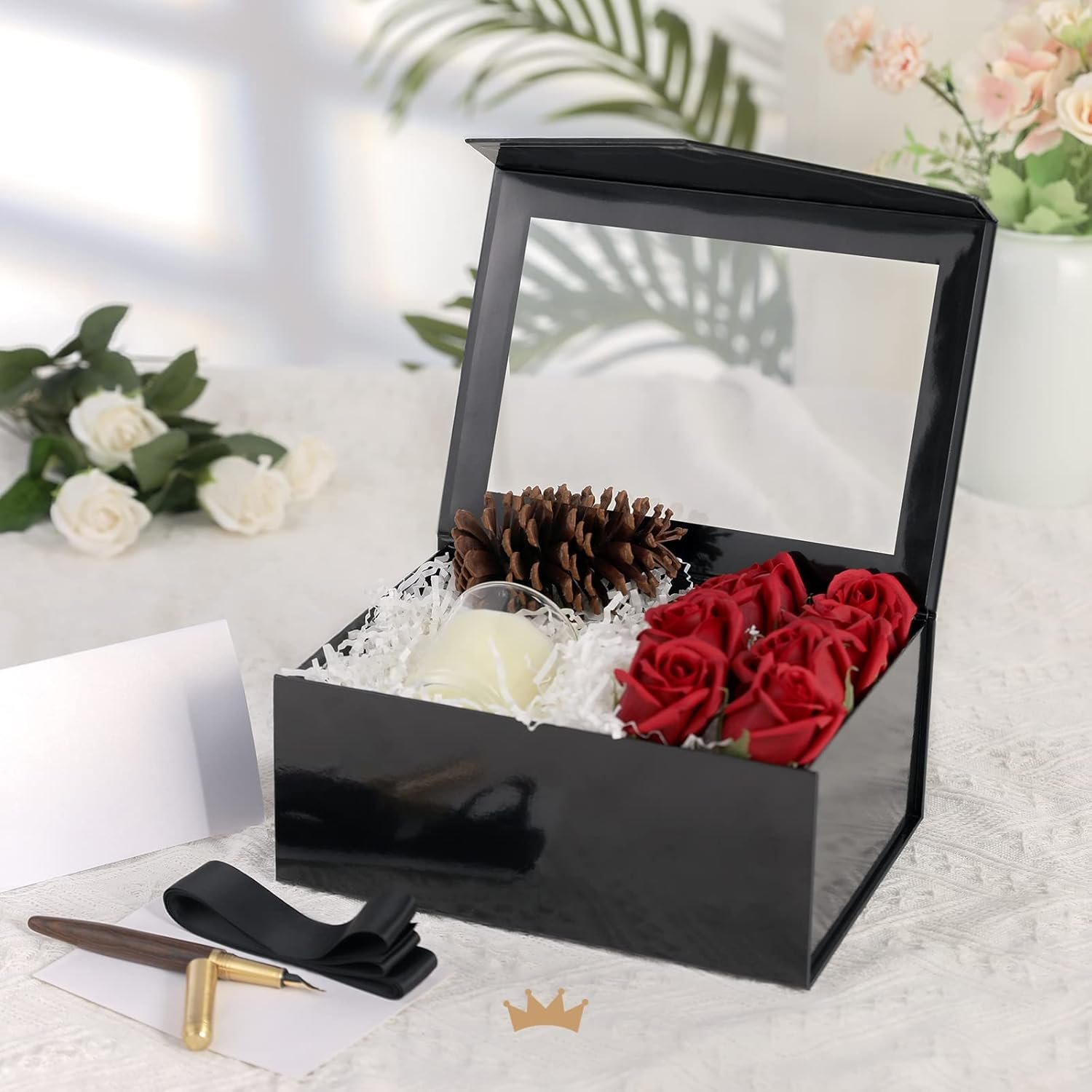 Logo Personalizzato Scatole Regalo Nere Lucide 5 Pezzi con Finestre Trasparenti 9x6,5x3,8 Pollici Coperchi Magnetici Nastri Biglietti Proposte Testimoni Sposo - Marchio Bianco dal Produttore