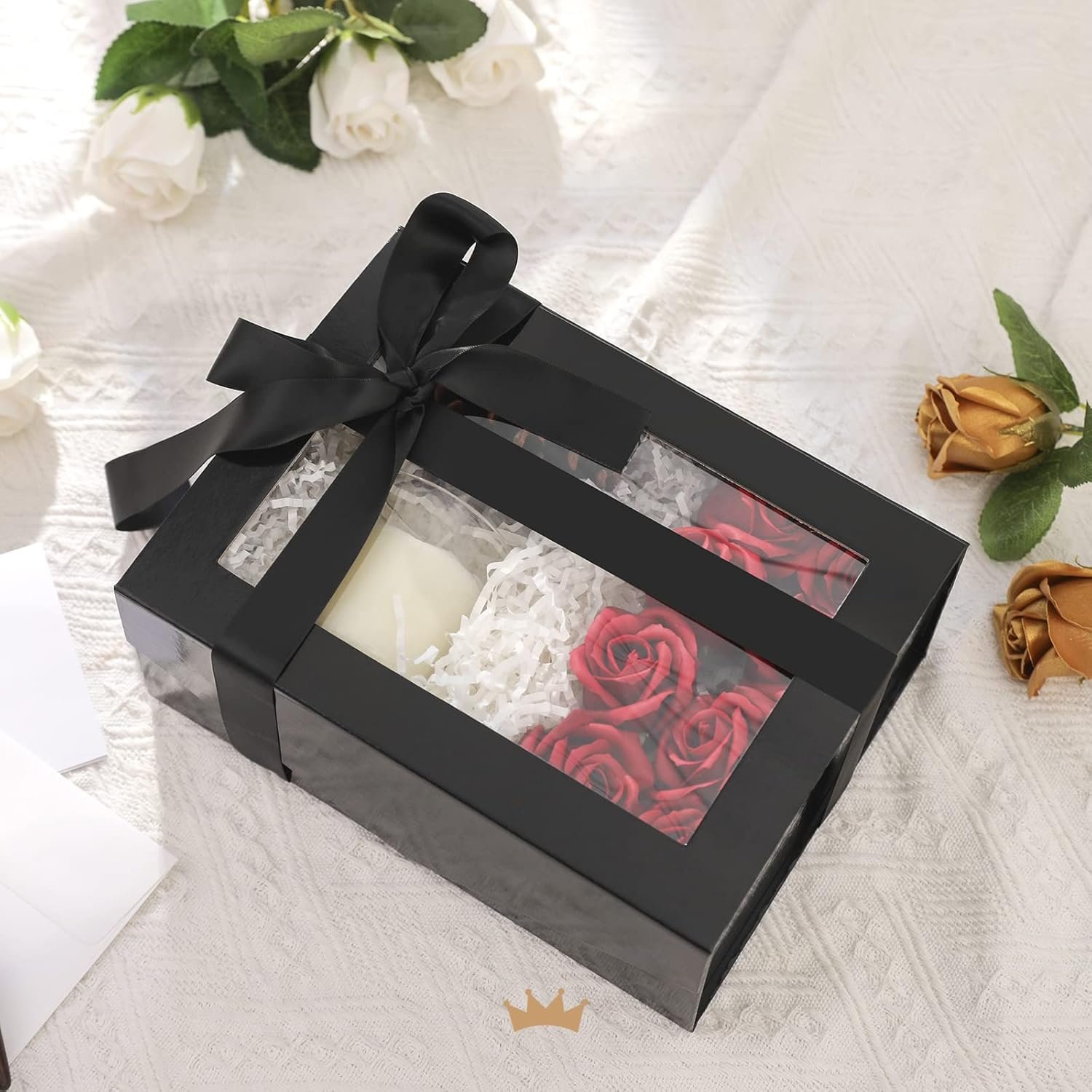 Logo Personalizzato Scatole Regalo Nere Lucide 5 Pezzi con Finestre Trasparenti 9x6,5x3,8 Pollici Coperchi Magnetici Nastri Biglietti Proposte Testimoni Sposo - Marchio Bianco dal Produttore