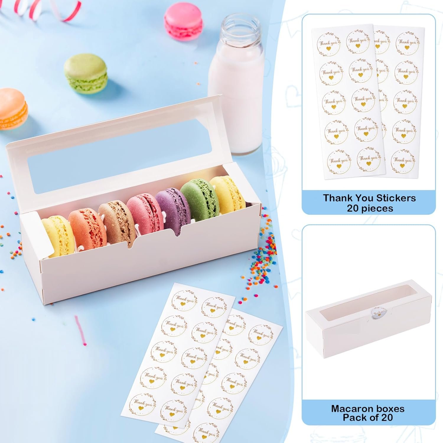 Marchio Bianco Scatole per Macaron con Finestra 18,5x5x5 cm Confezione 20 Pz per 6-8 Pezzi Biscotti Caramelle Tartufi da Produttore con Logo Personalizzato