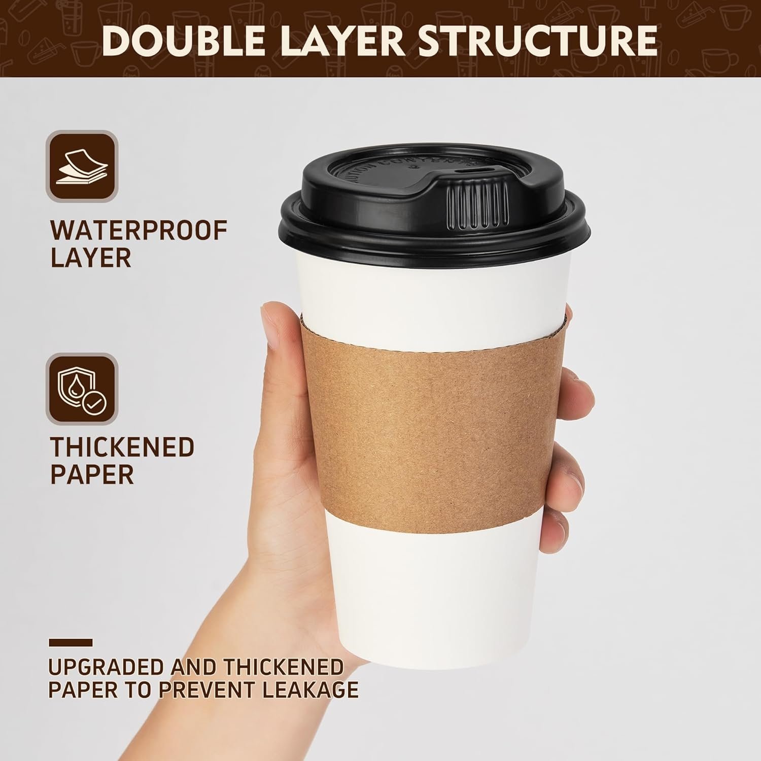 Fornitore Tazze Caffè Monouso 16oz Confezione 50 con Coperchi Manicotti Bevande Calde Carta 300gsm 61x135x89mm Logo Personalizzato Marchio Bianco