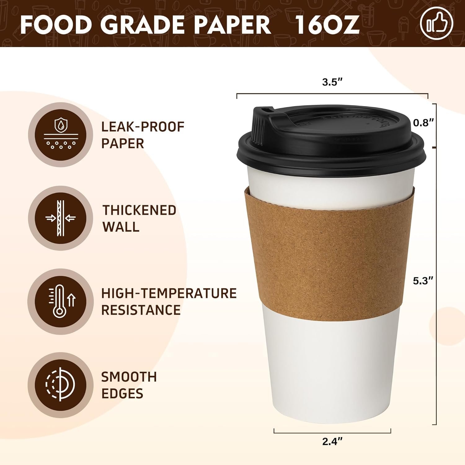 Fornitore Tazze Caffè Monouso 16oz Confezione 50 con Coperchi Manicotti Bevande Calde Carta 300gsm 61x135x89mm Logo Personalizzato Marchio Bianco