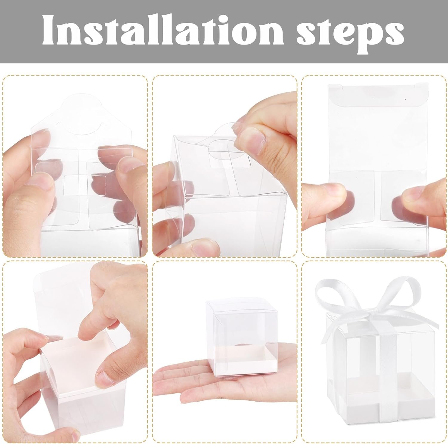 Fornitore Scatoline Bomboniere Trasparenti 2x2x2 Pollici con Nastri Bianchi Confezione da 50 Mini Plastica per Matrimonio Compleanno Baby Shower Logo Personalizzato Marchio Bianco