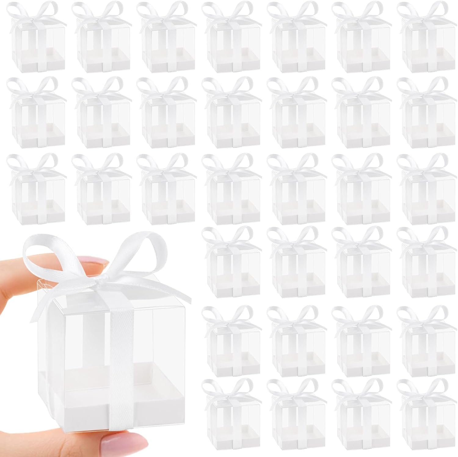 Fornitore Scatoline Bomboniere Trasparenti 2x2x2 Pollici con Nastri Bianchi Confezione da 50 Mini Plastica per Matrimonio Compleanno Baby Shower Logo Personalizzato Marchio Bianco