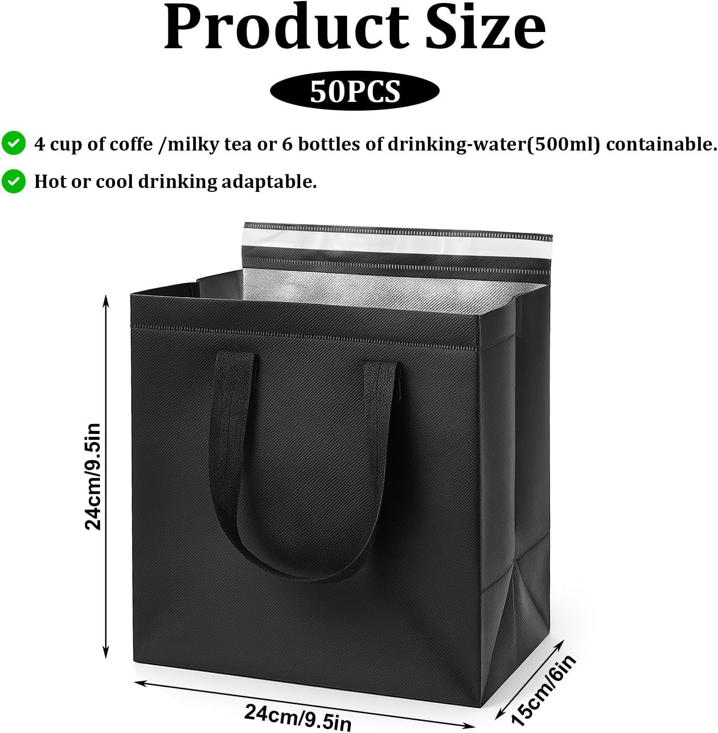 Marchio Bianco 50 Pezzi Borse Isolanti per Asporto All'ingrosso Piccole Borse Termiche per la Spesa Isolamento Termico per Caffè Cena da Asporto Tè al Latte Cibi Caldi o Freddi con Logo Personalizzato 24 x 15 x 25 cm Nero dalla Fabbrica