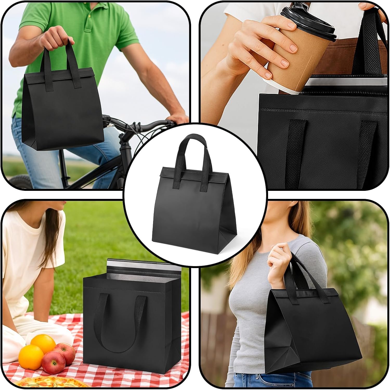 Marchio Bianco 50 Pezzi Borse Isolanti per Asporto All'ingrosso Piccole Borse Termiche per la Spesa Isolamento Termico per Caffè Cena da Asporto Tè al Latte Cibi Caldi o Freddi con Logo Personalizzato 24 x 15 x 25 cm Nero dalla Fabbrica