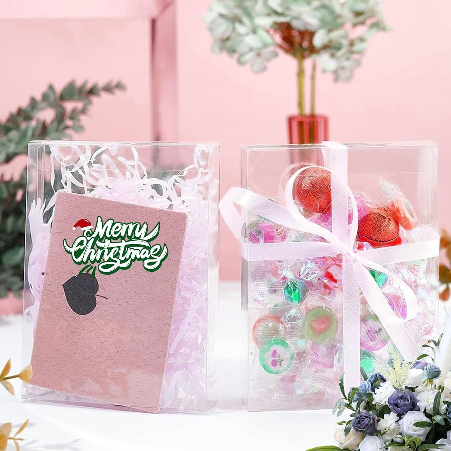 Logo Personalizzato Scatole Trasparenti PVC Rettangolari 80 Pezzi 5 x 4 x 1.2 Pollici Da Produttore per Biscotti Confetti Dolci Bomboniere Matrimoni Feste Natale Halloween San Valentino Marchio Bianco
