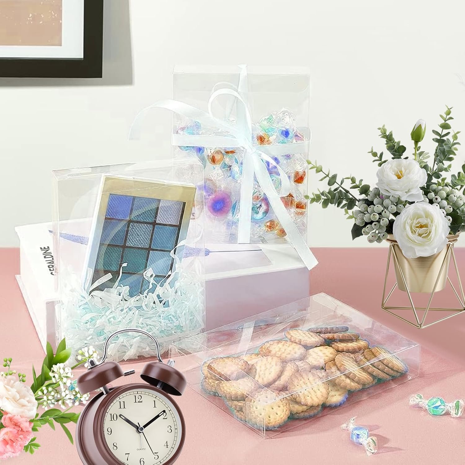 Logo Personalizzato Scatole Trasparenti PVC Rettangolari 80 Pezzi 5 x 4 x 1.2 Pollici Da Produttore per Biscotti Confetti Dolci Bomboniere Matrimoni Feste Natale Halloween San Valentino Marchio Bianco