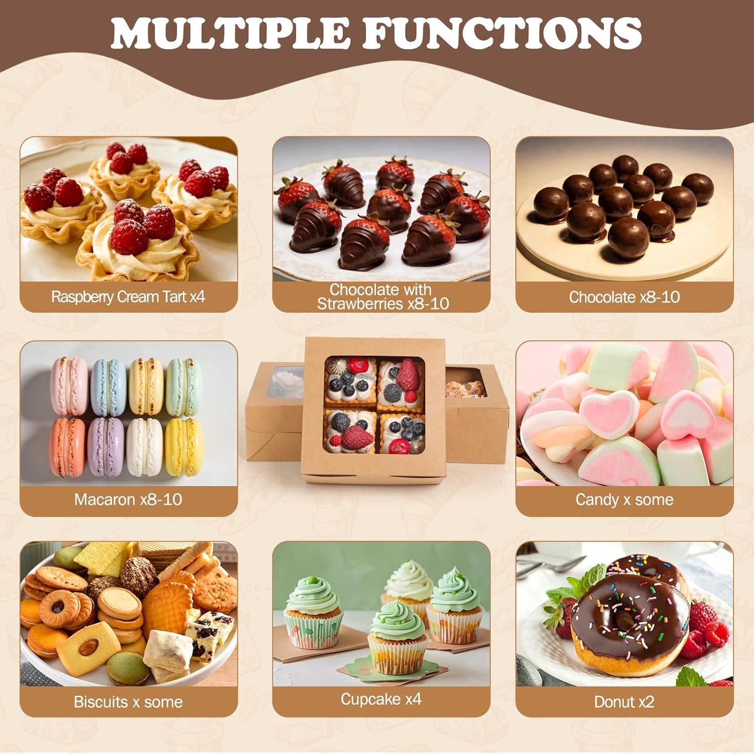 Logo Personalizzato Scatole per Cupcake con Finestra 50 Pz 16x16x8 cm Marroni per Biscotti con Marchio Bianco Contenitori Pasticceria Dessert Fragole al Cioccolato con Adesivi Spago di Iuta Produttore