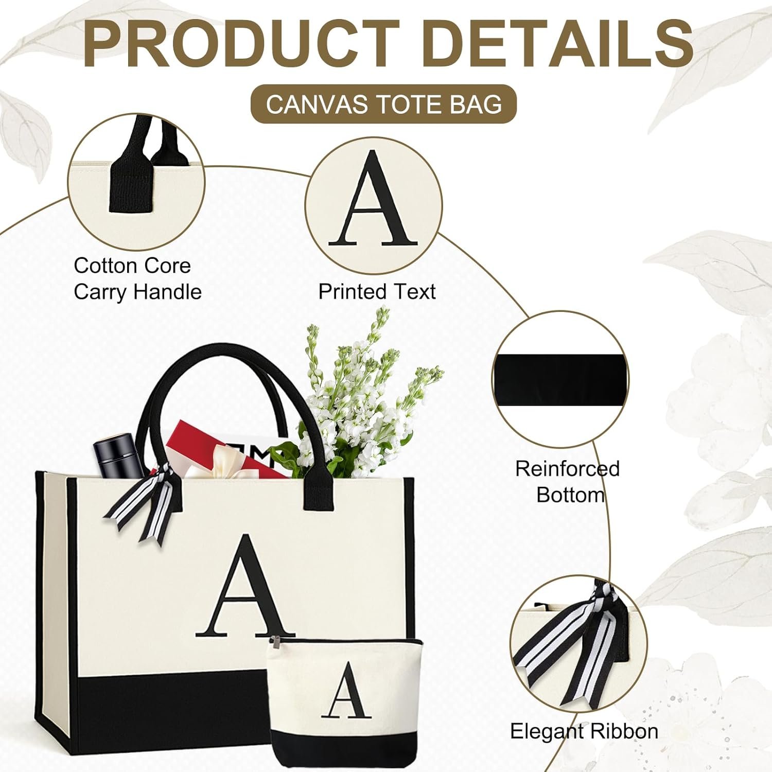 Fornitore Borsa Tote Canvas Personalizzata Donna Portatrucchi Iniziale Spiaggia Fondo Rimovibile Logo Personalizzato Marchio Bianco Viaggio Compleanno