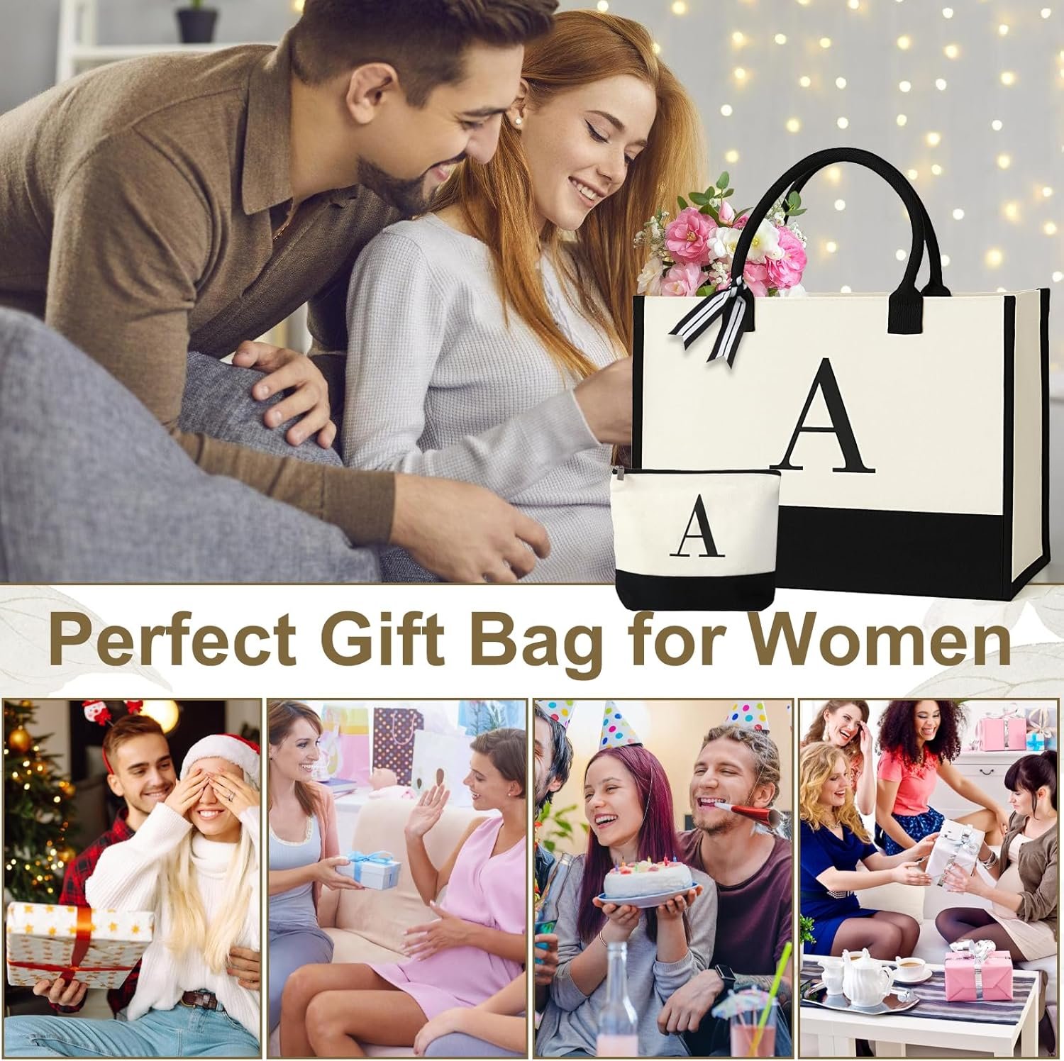 Fornitore Borsa Tote Canvas Personalizzata Donna Portatrucchi Iniziale Spiaggia Fondo Rimovibile Logo Personalizzato Marchio Bianco Viaggio Compleanno