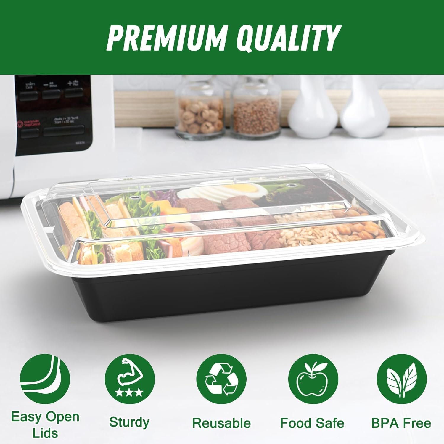 Marchio Bianco Vaschette Preparazione Pasti 32 oz Riutilizzabili Confezione 50 (100 pezzi) Coperchi Apertura Facile Resistenti Tenuta Stagna Idonee Alimenti Microonde Congelatore Lavastoviglie Plastica Nera da Produttore Logo Personalizzato