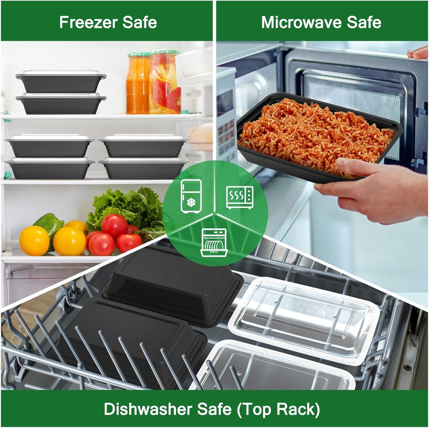 Marchio Bianco Vaschette Preparazione Pasti 32 oz Riutilizzabili Confezione 50 (100 pezzi) Coperchi Apertura Facile Resistenti Tenuta Stagna Idonee Alimenti Microonde Congelatore Lavastoviglie Plastica Nera da Produttore Logo Personalizzato