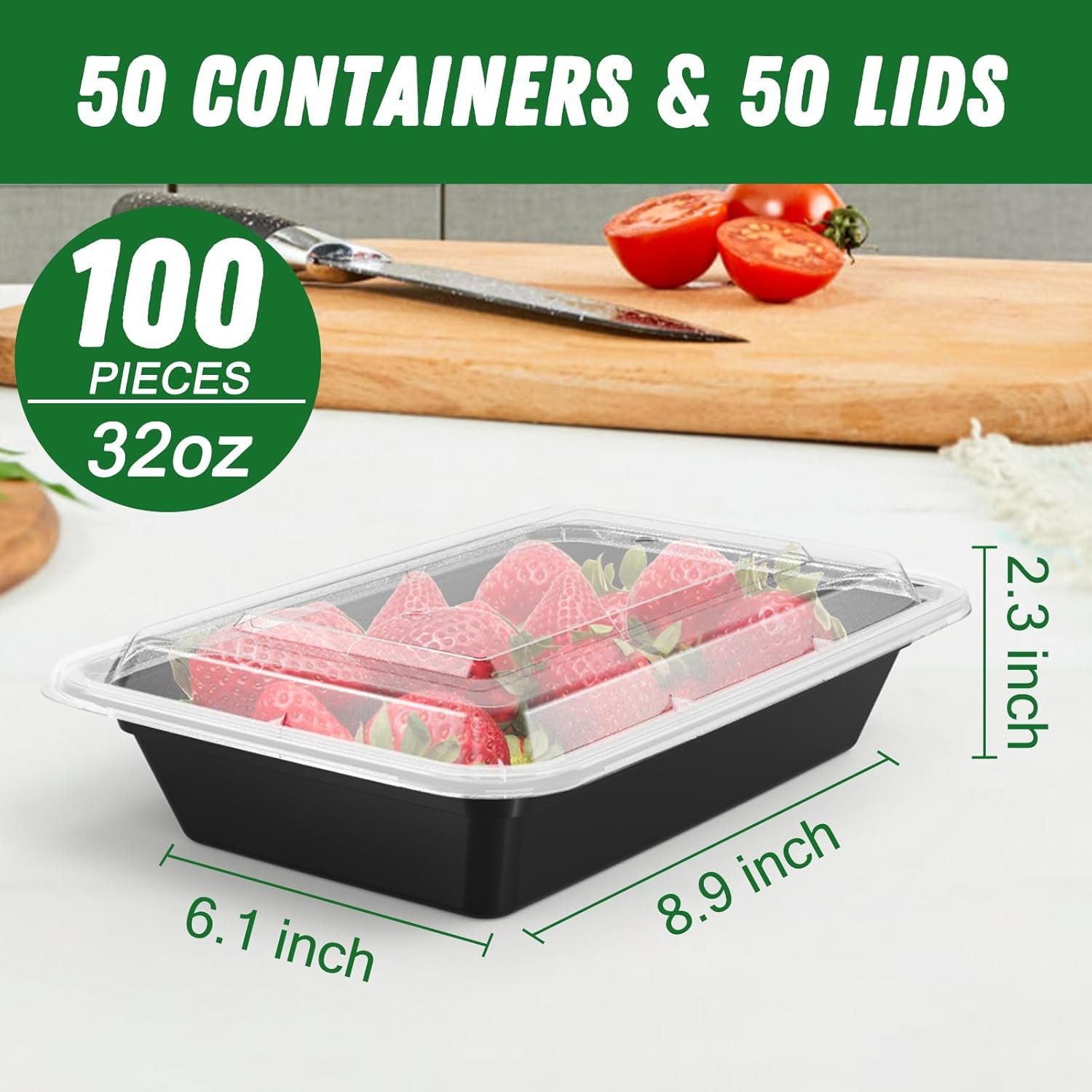 Marchio Bianco Vaschette Preparazione Pasti 32 oz Riutilizzabili Confezione 50 (100 pezzi) Coperchi Apertura Facile Resistenti Tenuta Stagna Idonee Alimenti Microonde Congelatore Lavastoviglie Plastica Nera da Produttore Logo Personalizzato