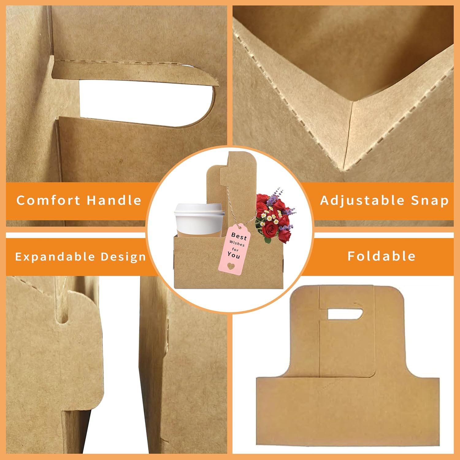 Marchio Bianco Portatazza 2 Tazze con Maniglia Confezione da 8 in Cartone Kraft per Bevande Calde o Fredde con Nastro e Biglietto Logo Personalizzato per Consegne Pasti e Bouquet dal Produttore
