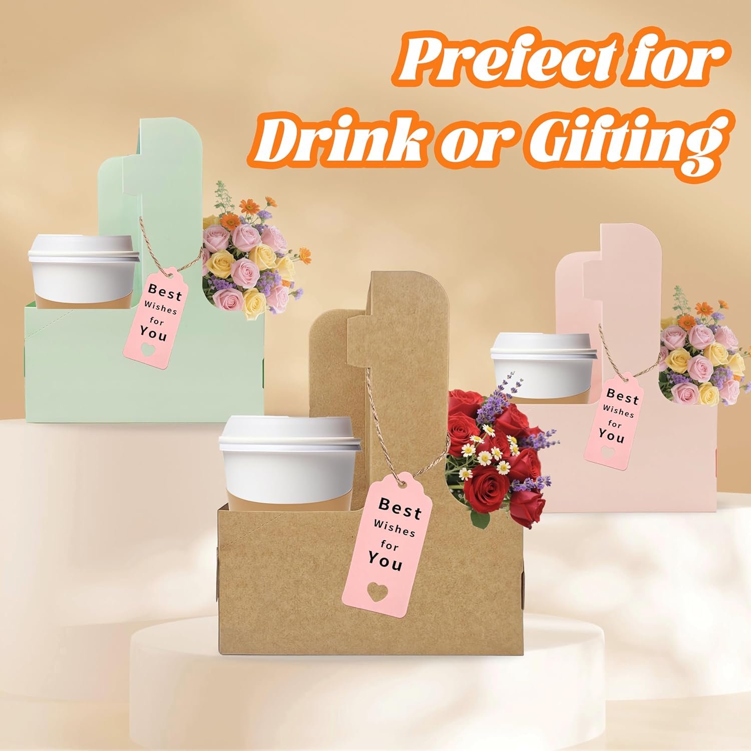 Marchio Bianco Portatazza 2 Tazze con Maniglia Confezione da 8 in Cartone Kraft per Bevande Calde o Fredde con Nastro e Biglietto Logo Personalizzato per Consegne Pasti e Bouquet dal Produttore