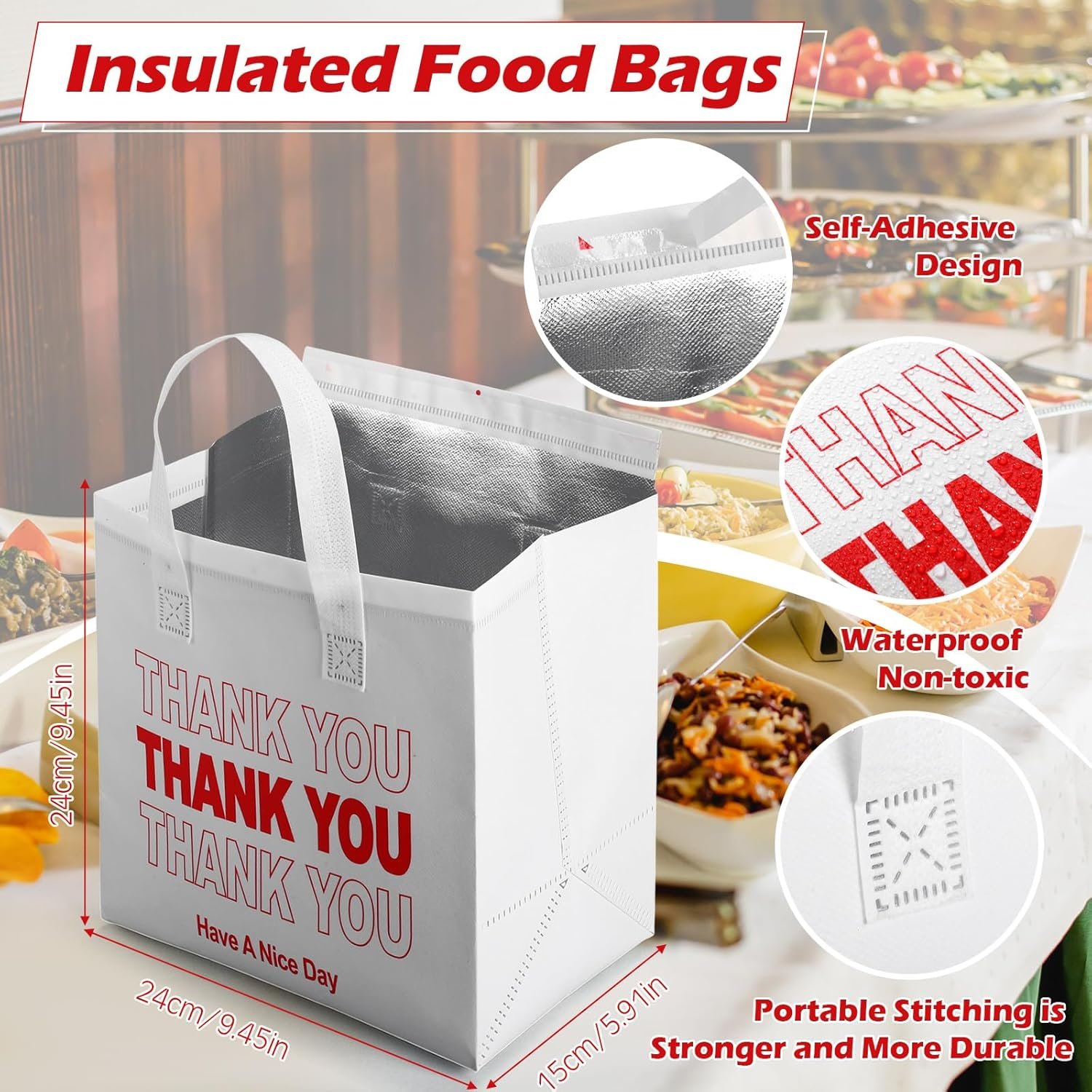 Fornitore con Logo Personalizzato 80 Pz Borse Termiche Isolate Thank You Bulk 24 x 24 x 15 cm per Consegne Cibo Alimenti Caldi Freddi Pizza Caffè Latte Catering Ristorante Picnic Marchio Bianco Bianca