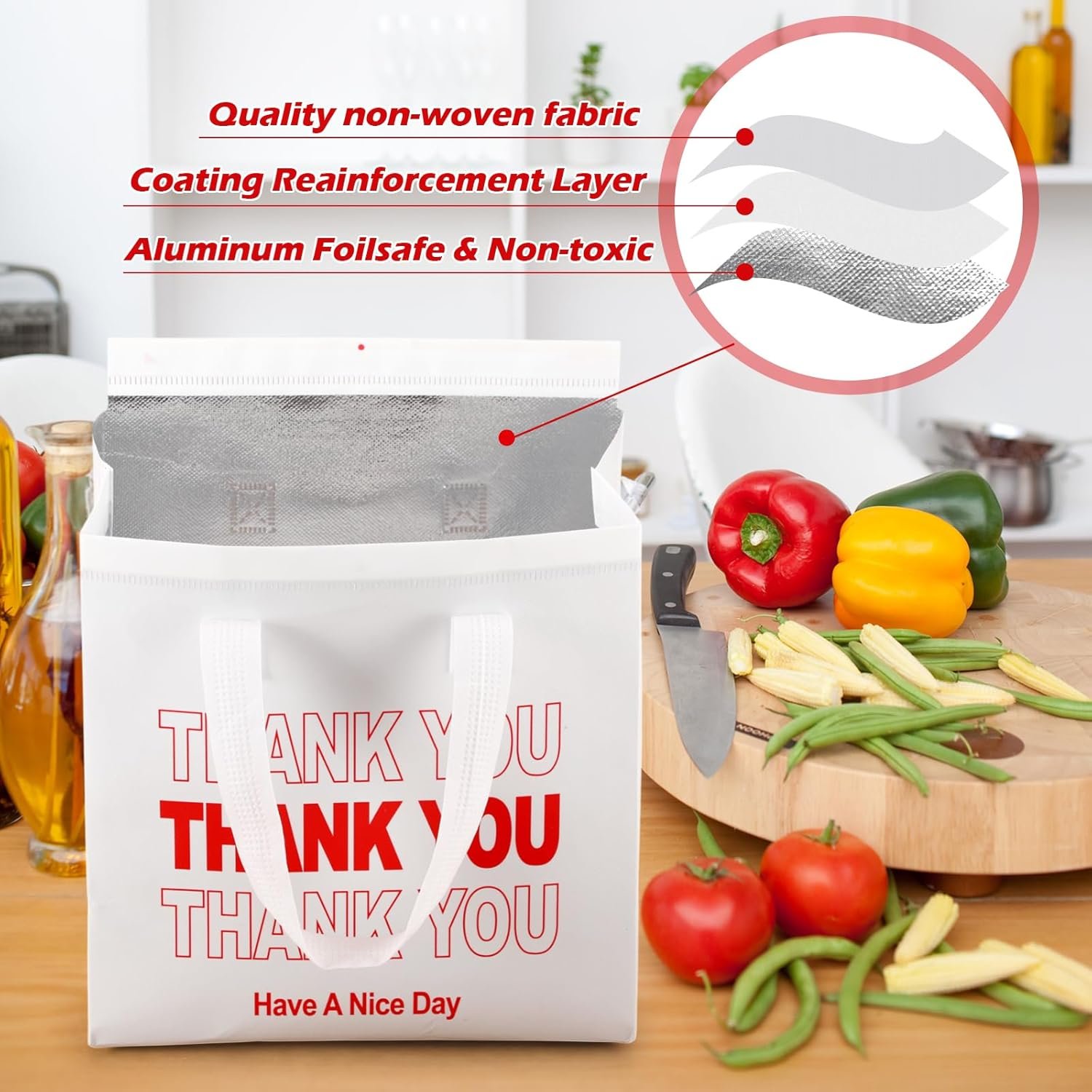 Fornitore con Logo Personalizzato 80 Pz Borse Termiche Isolate Thank You Bulk 24 x 24 x 15 cm per Consegne Cibo Alimenti Caldi Freddi Pizza Caffè Latte Catering Ristorante Picnic Marchio Bianco Bianca