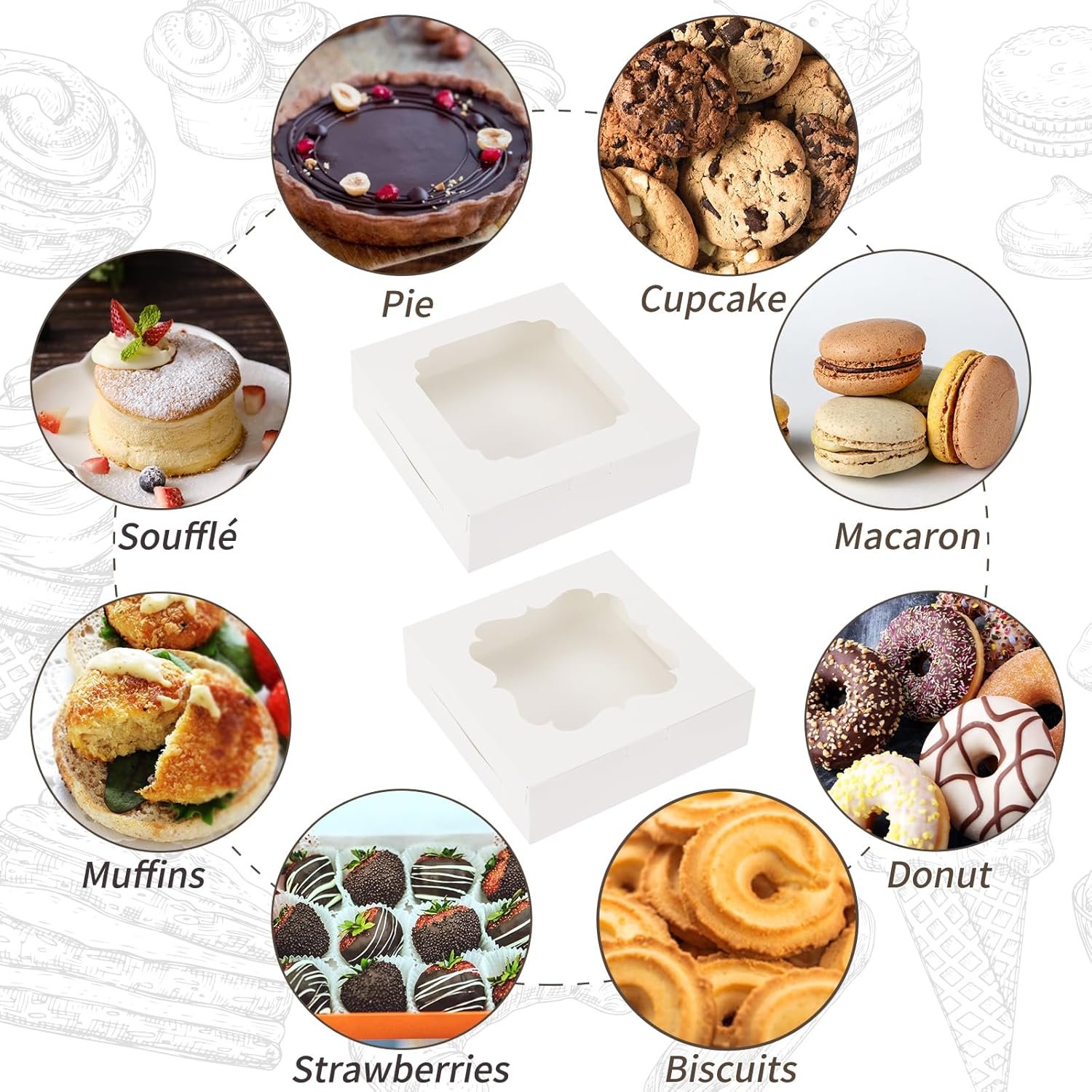 Produttore Scatole per Biscotti 60 pz 8x8x2.5 pollici con Logo Personalizzato e 2 Stili di Finestre per Fragole al Cioccolato Crostate Pasticceria Dessert Torte - Marchio Bianco