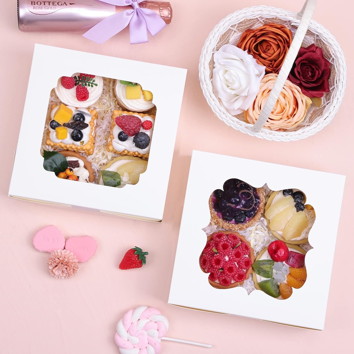 Produttore Scatole per Biscotti 60 pz 8x8x2.5 pollici con Logo Personalizzato e 2 Stili di Finestre per Fragole al Cioccolato Crostate Pasticceria Dessert Torte - Marchio Bianco