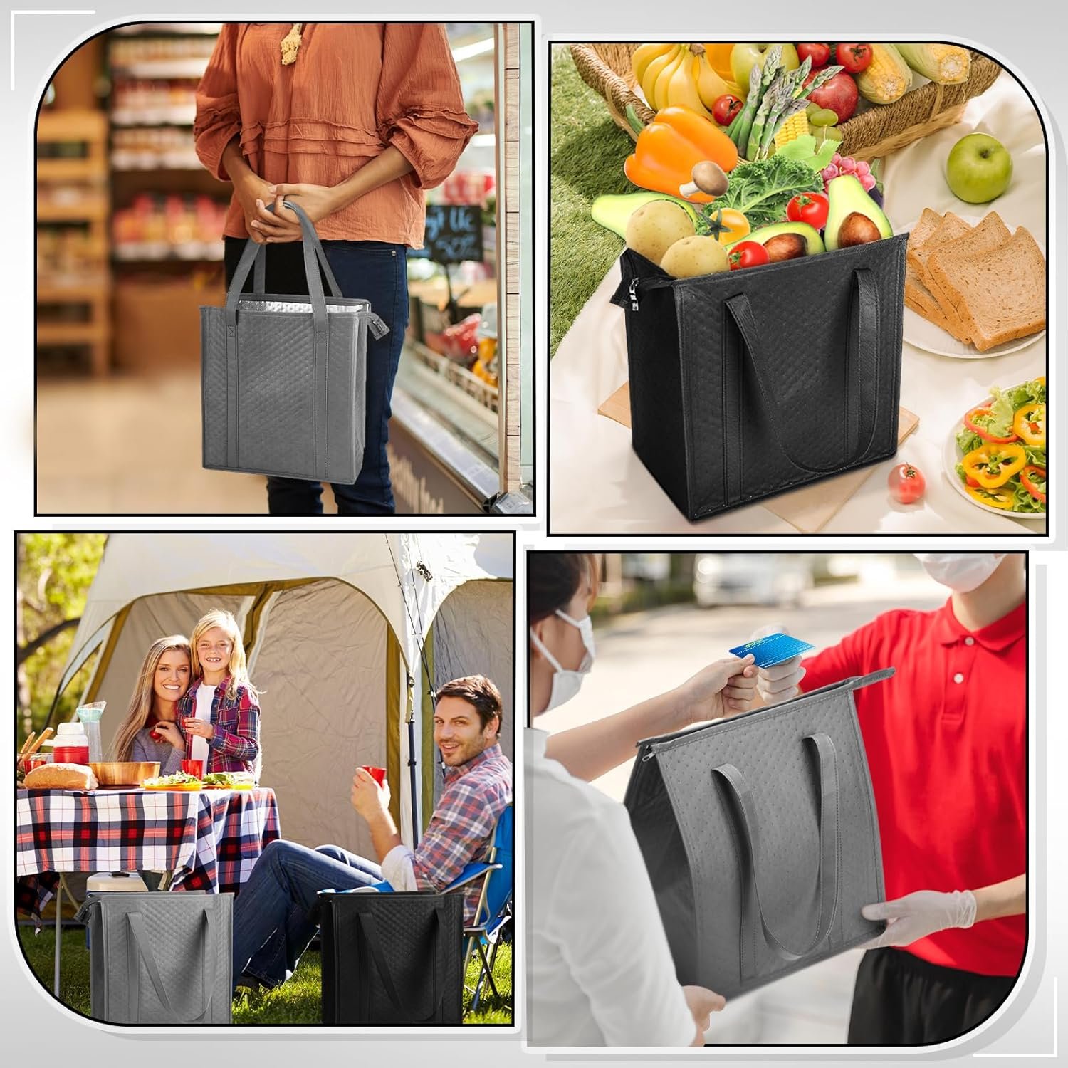 Marchio Bianco Confezione da 10 Borse Termiche Isolate Riutilizzabili con Chiusura Zip 13 x 12 x 7 Pollici Manici per Consegna Cibi Caldi Freddi Grigio Nero Logo Personalizzato dal Fornitore
