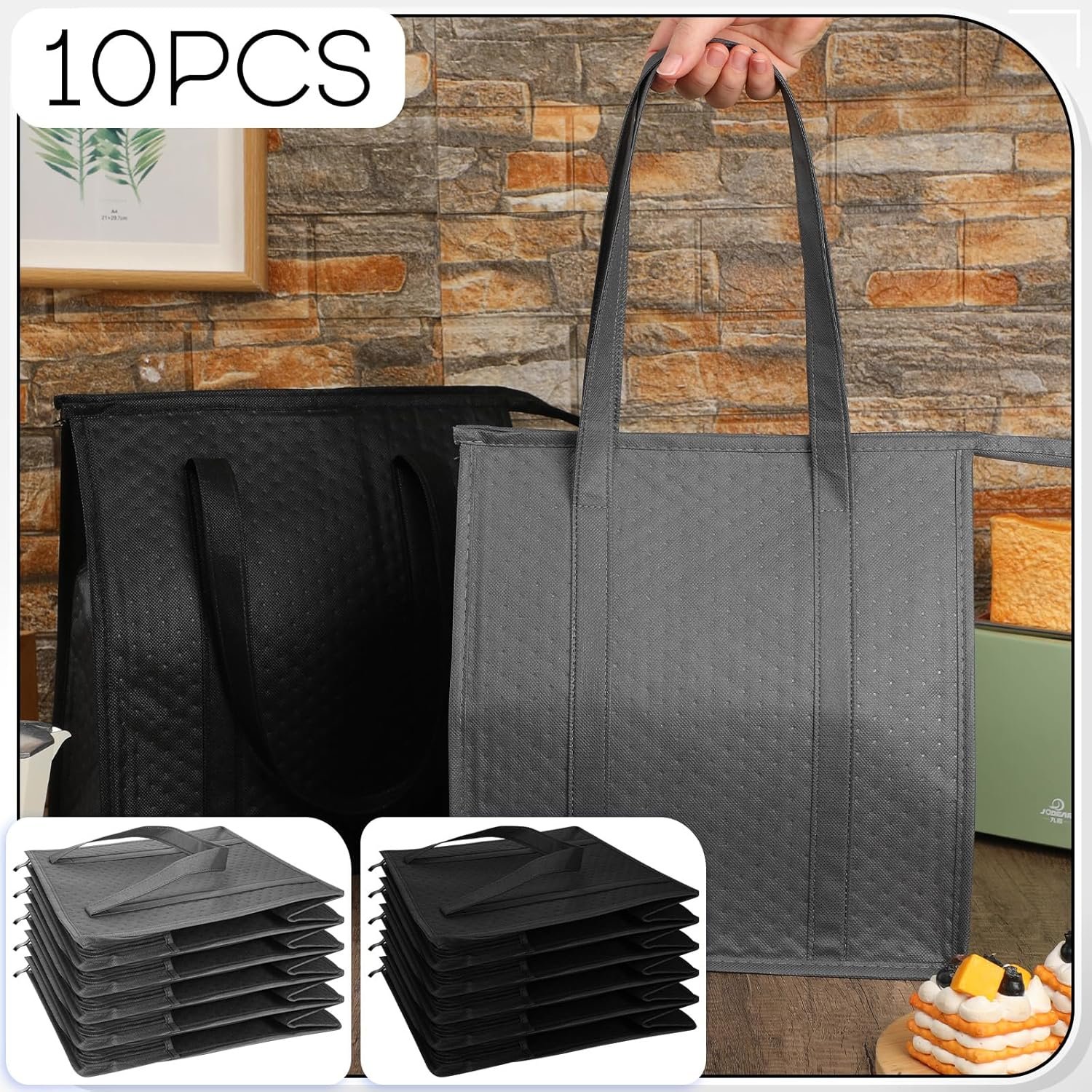 Marchio Bianco Confezione da 10 Borse Termiche Isolate Riutilizzabili con Chiusura Zip 13 x 12 x 7 Pollici Manici per Consegna Cibi Caldi Freddi Grigio Nero Logo Personalizzato dal Fornitore