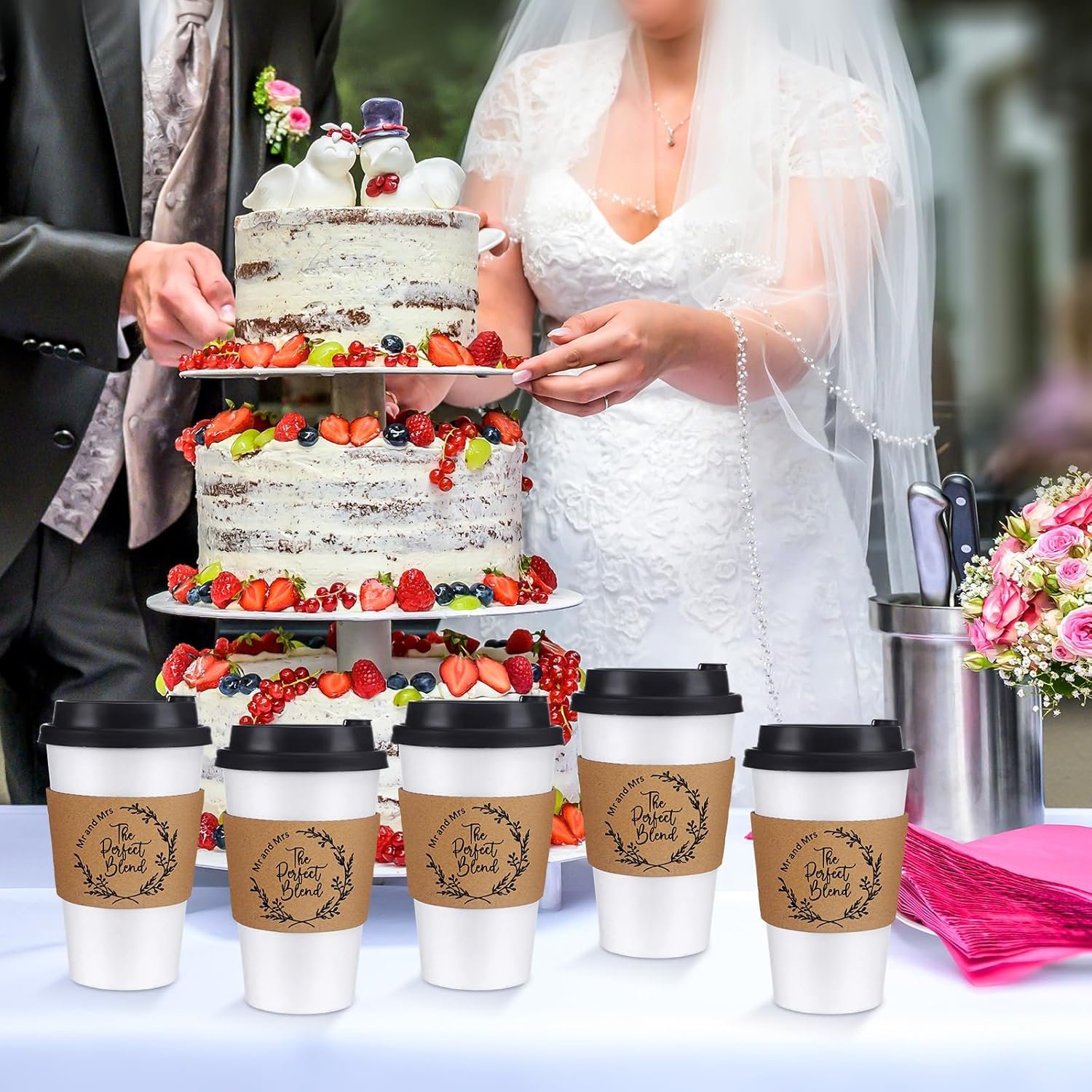 Logo Personalizzato Manicotti Caffè Matrimonio Carta Kraft Monouso 10-20 oz 200 Pezzi Marchio Bianco Ricevimenti Nozze Bar Caffè Festa Nuziale Fornitore