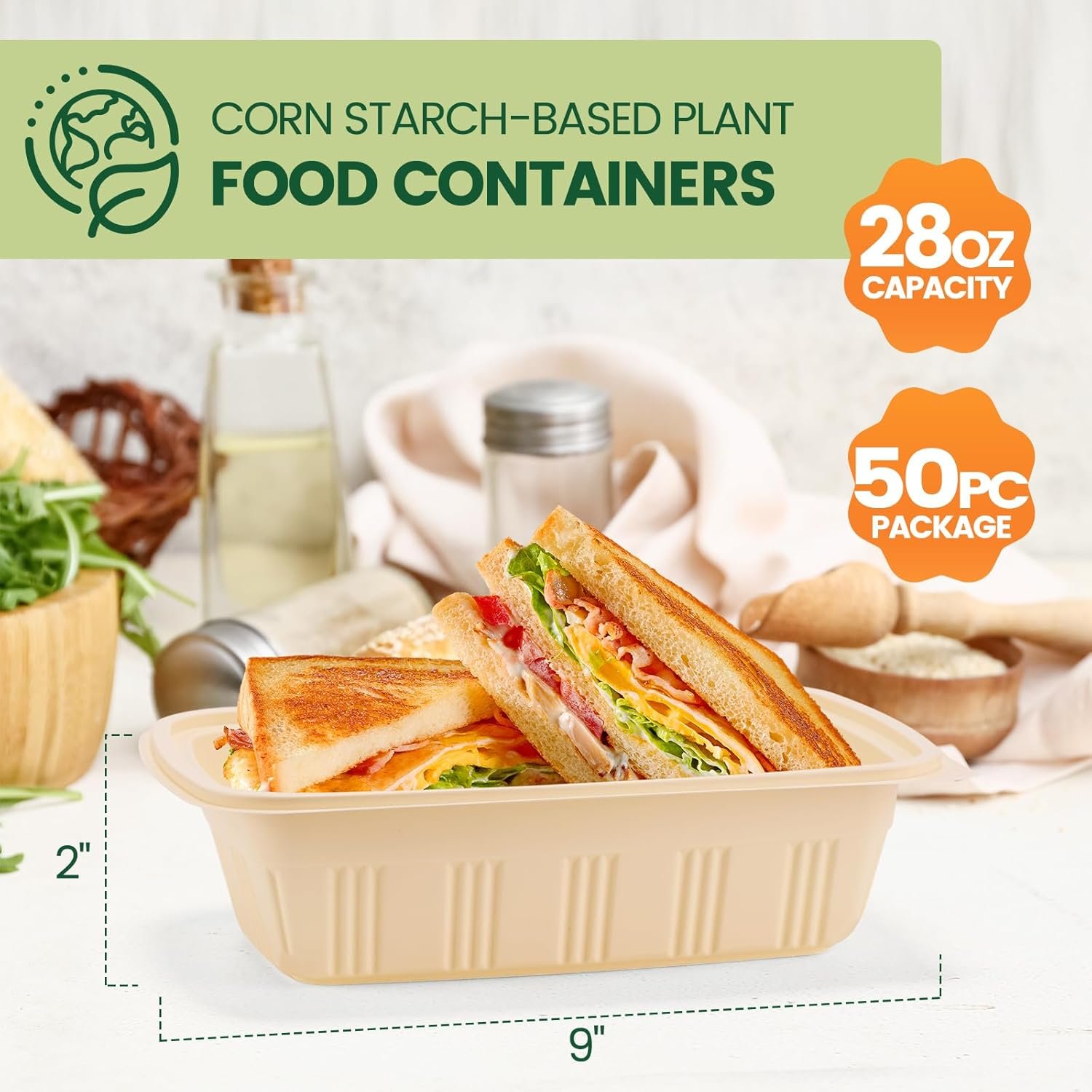 Fornitore Contenitori Meal Prep con Coperchi e Logo Personalizzato 100 Pezzi (50 Confezioni) 28 oz Amido di Mais a Base Vegetale BPA Free per Insalate Take Away Adatti Microonde Congelatore Marchio Bianco