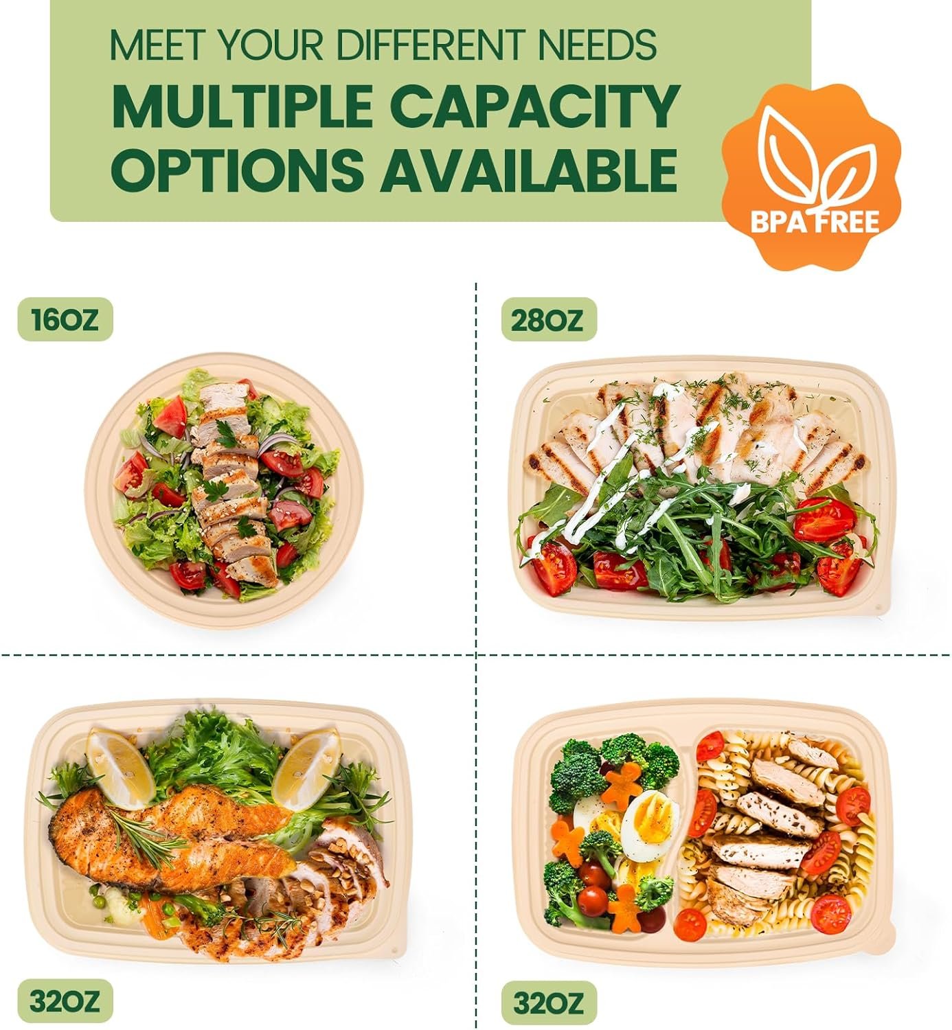 Fornitore Contenitori Meal Prep con Coperchi e Logo Personalizzato 100 Pezzi (50 Confezioni) 28 oz Amido di Mais a Base Vegetale BPA Free per Insalate Take Away Adatti Microonde Congelatore Marchio Bianco