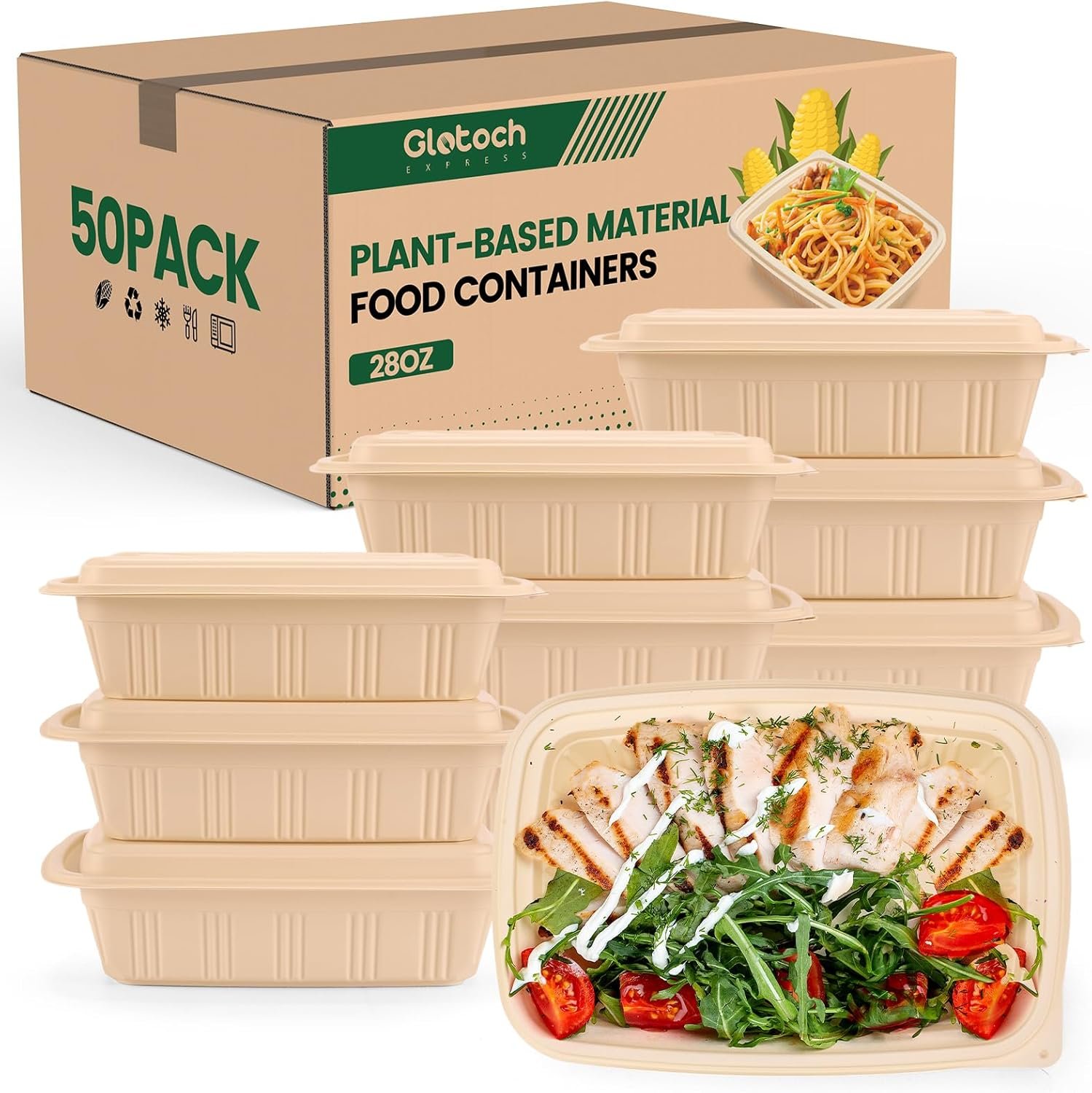 Fornitore Contenitori Meal Prep con Coperchi e Logo Personalizzato 100 Pezzi (50 Confezioni) 28 oz Amido di Mais a Base Vegetale BPA Free per Insalate Take Away Adatti Microonde Congelatore Marchio Bianco